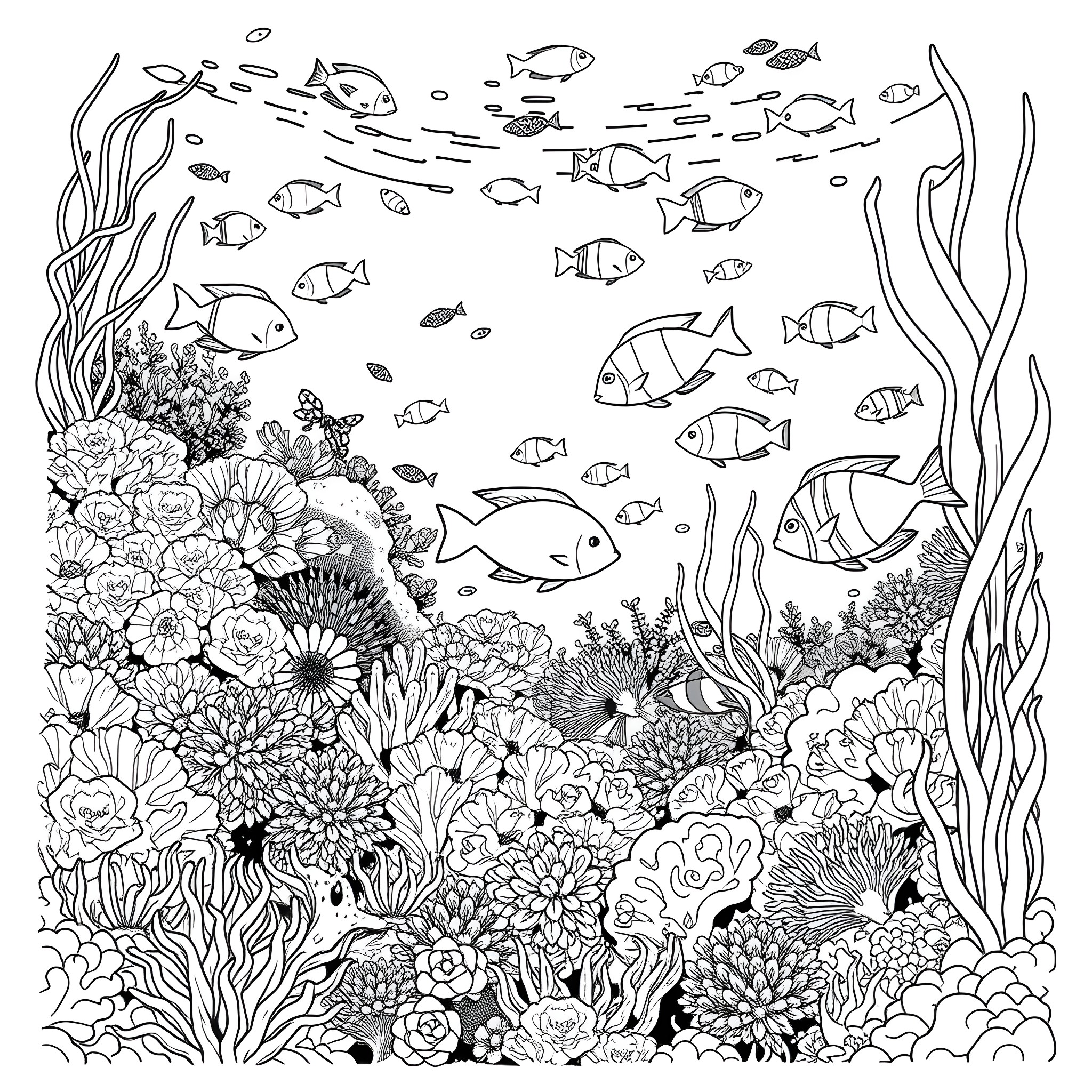 Fish swimming among vibrant coral reef Coloring Page (free black-and-white line drawing printable PDF for all, from beginners to advanced learners, including children, teens, adults, and seniors)