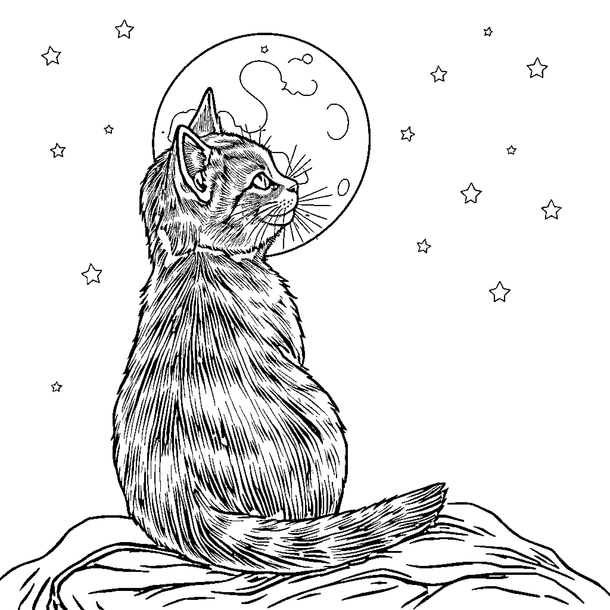 Cat gazing at the night sky Coloring Page (free black-and-white line drawing printable PDF for all, from beginners to advanced learners, including children, teens, adults, and seniors)