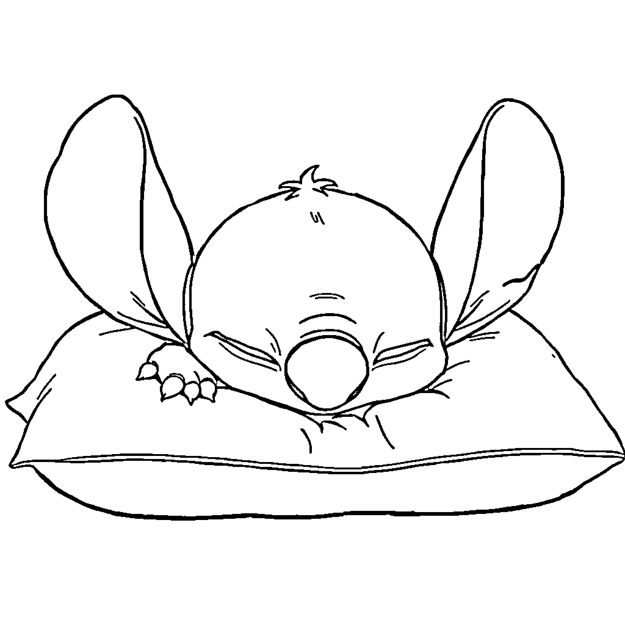 Stitch sleeping peacefully on a pillow Coloring Page (free black-and-white line drawing printable PDF for all, from beginners to advanced learners, including children, teens, adults, and seniors)