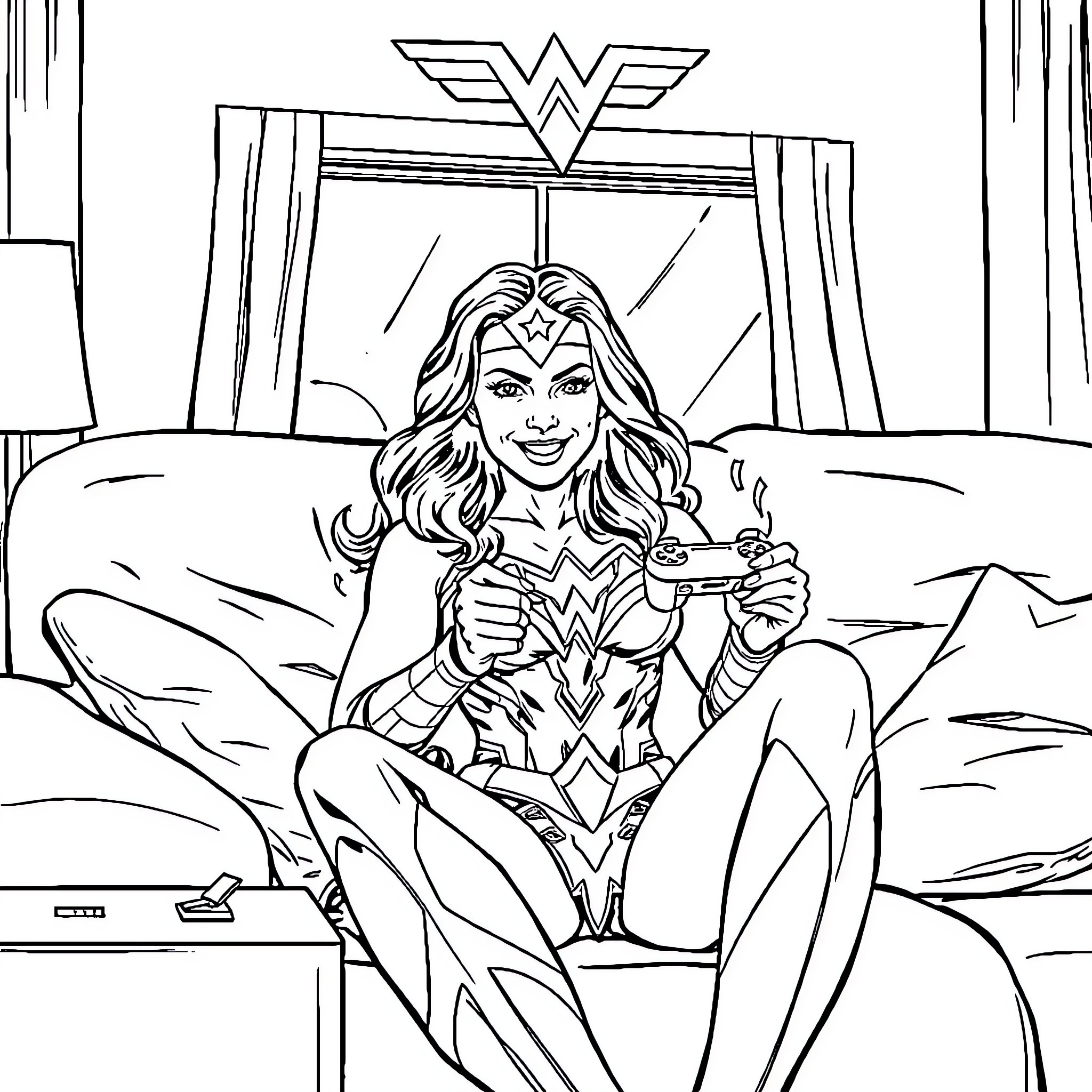 Wonder Woman Relaxing and Enjoying a Beverage Coloring Page (free black-and-white line drawing printable PDF for all, from beginners to advanced learners, including children, teens, adults, and seniors)