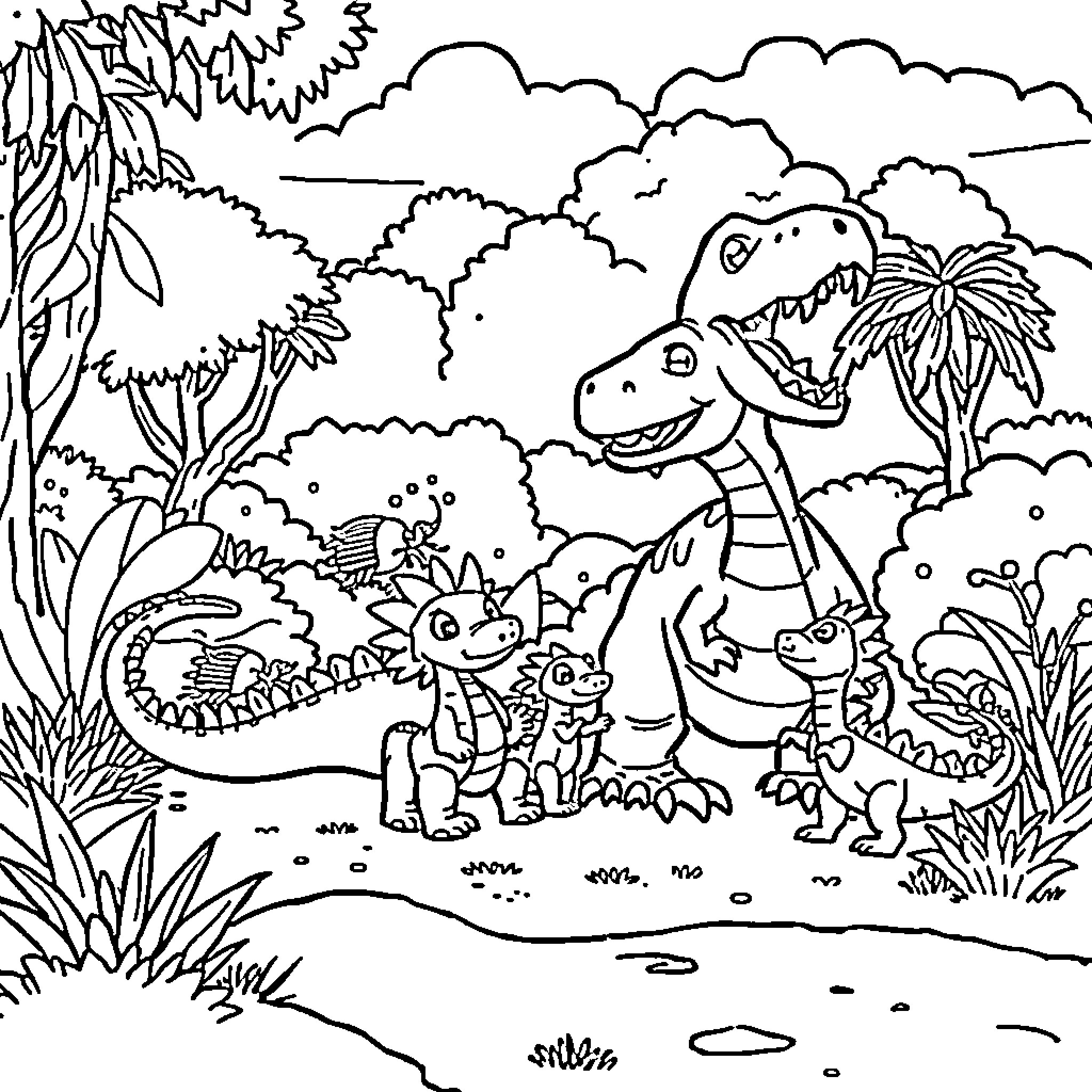 Dragon family exploring lush jungle landscape Coloring Page (free black-and-white line drawing printable PDF for all, from beginners to advanced learners, including children, teens, adults, and seniors)