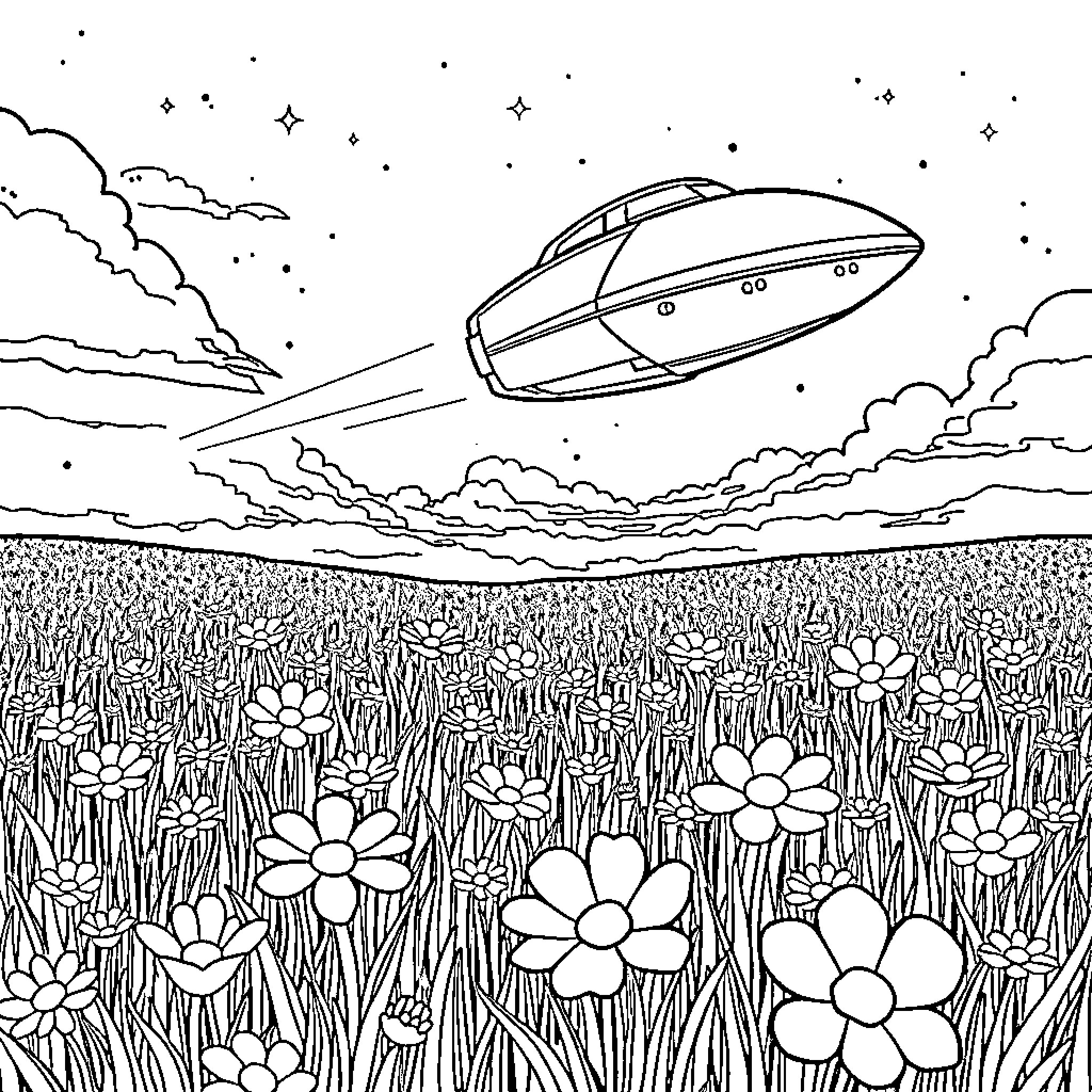 Flower Meadow with UFO in the Night Sky Coloring Page (free black-and-white line drawing printable PDF for all, from beginners to advanced learners, including children, teens, adults, and seniors)