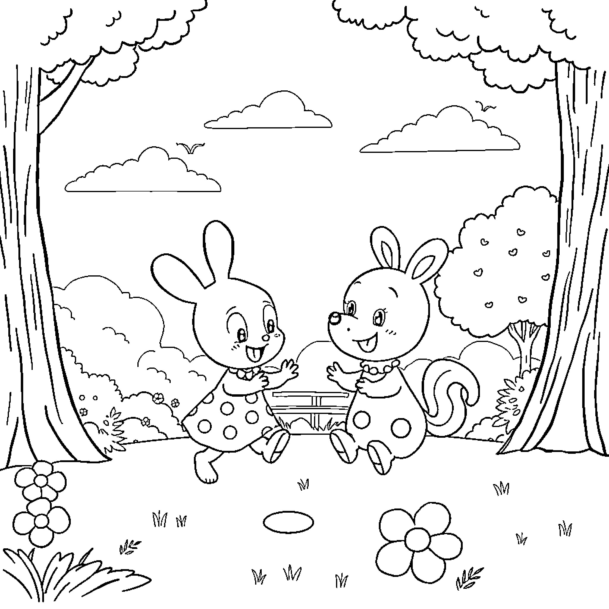 Boubou Bunnies Frolicking in the Meadow Coloring Page (free black-and-white line drawing printable PDF for all, from beginners to advanced learners, including children, teens, adults, and seniors)