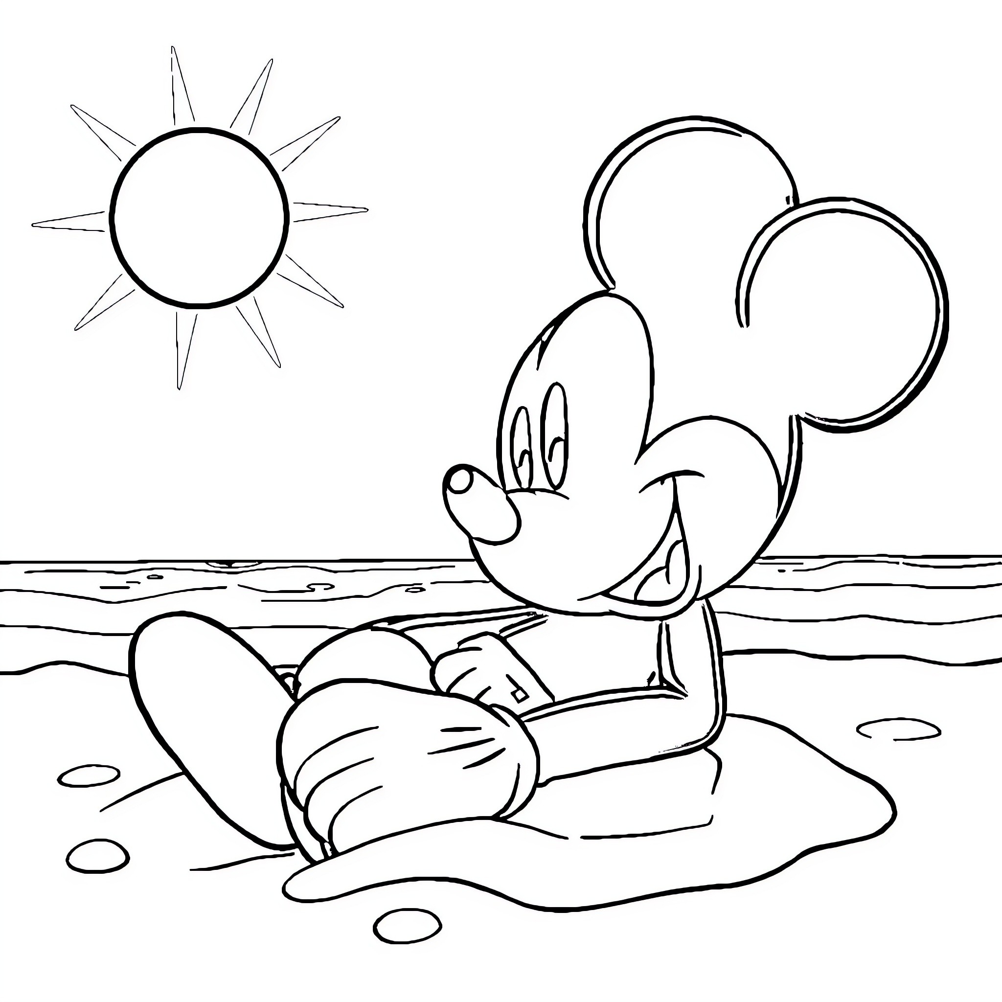 Mickey Mouse relaxing on the beach Coloring Page (free black-and-white line drawing printable PDF for all, from beginners to advanced learners, including children, teens, adults, and seniors)