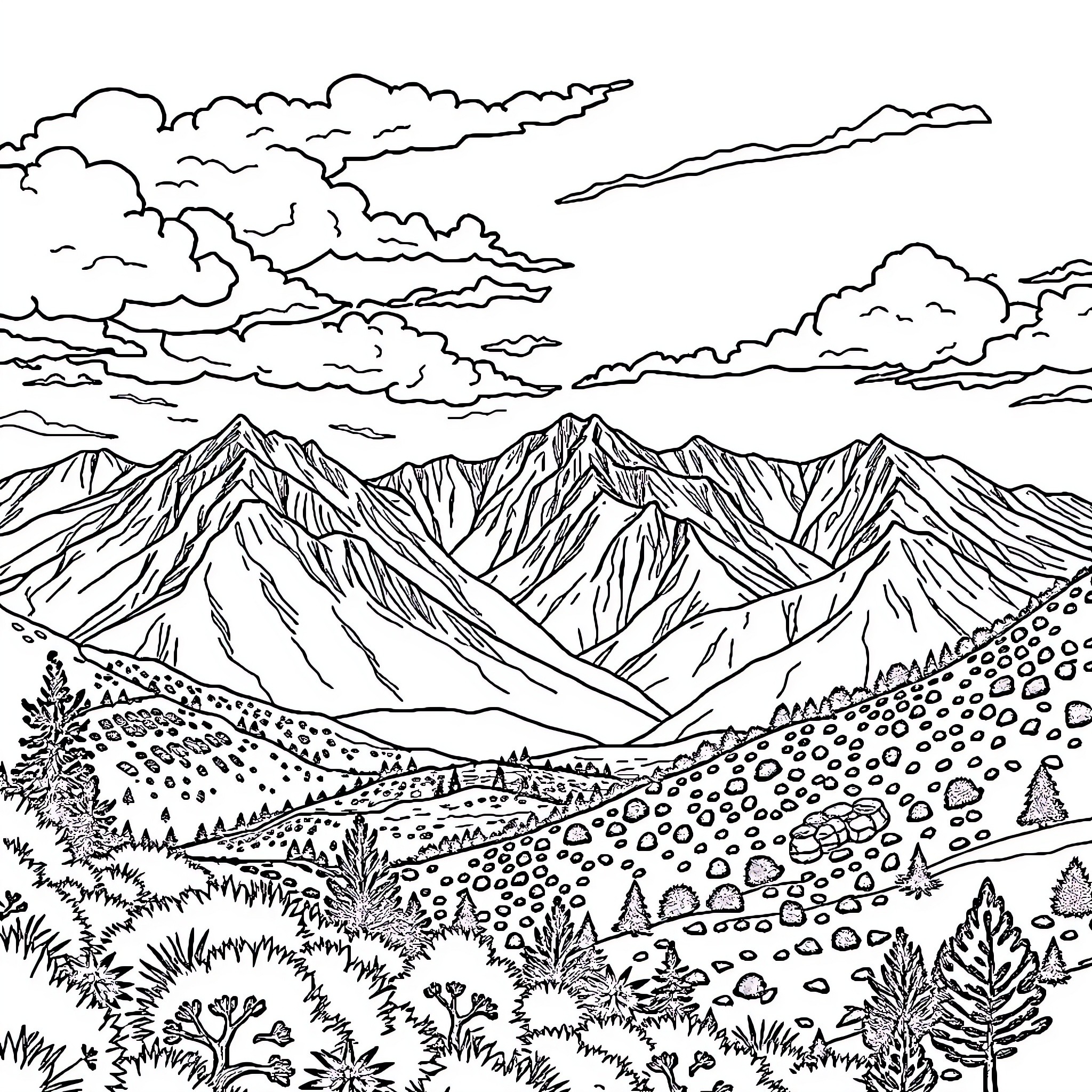 Artsakh: Mountainous Landscape with Dramatic Clouds Coloring Page (free black-and-white line drawing printable PDF for all, from beginners to advanced learners, including children, teens, adults, and seniors)