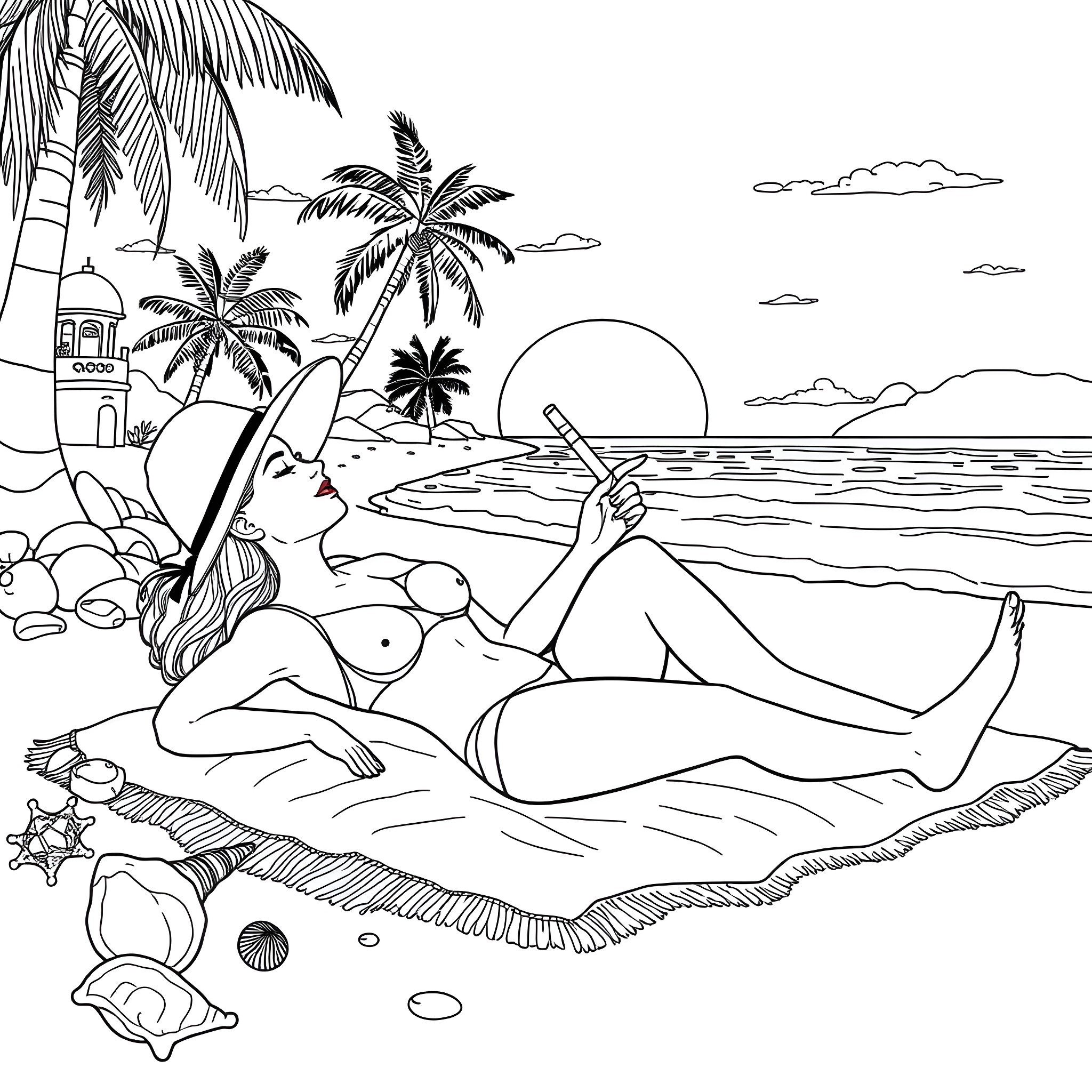 Woman relaxing on the beach with tropical scenery Coloring Page (free black-and-white line drawing printable PDF for all, from beginners to advanced learners, including children, teens, adults, and seniors)