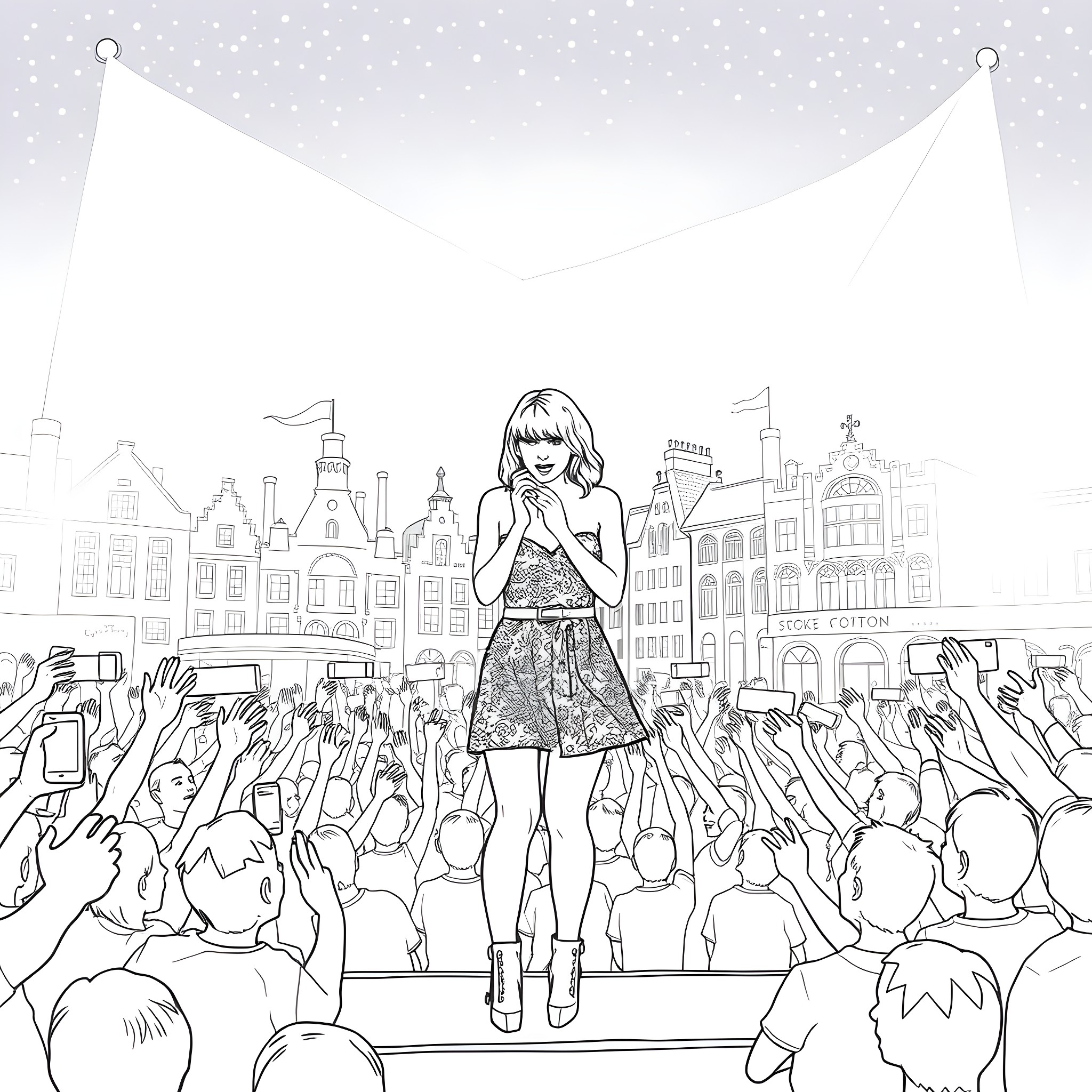 Taylor Swift performing on stage in front of a crowd Coloring Page (free black-and-white line drawing printable PDF for all, from beginners to advanced learners, including children, teens, adults, and seniors)