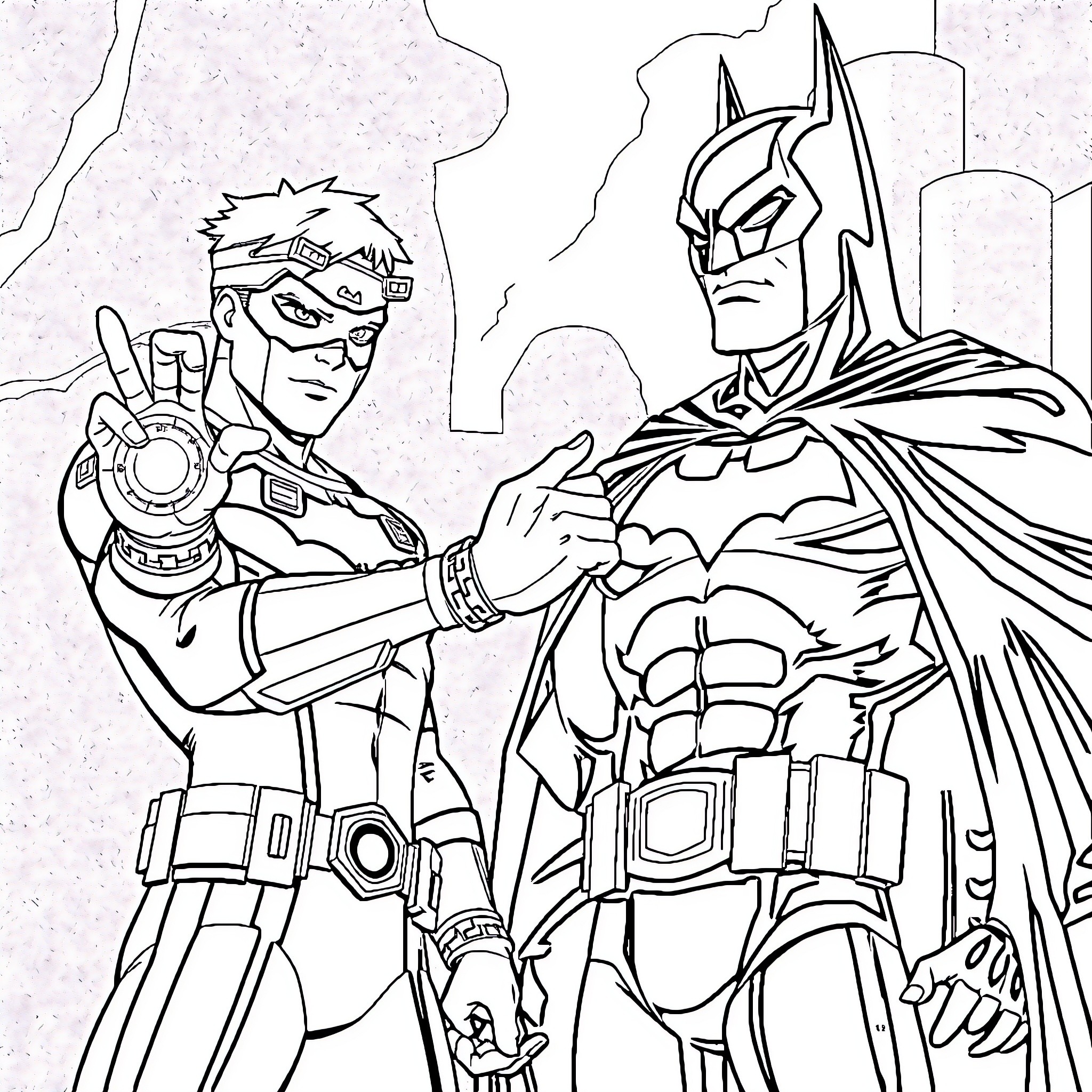 Ben 10 and Batman: Heroes in Action Coloring Page (free black-and-white line drawing printable PDF for all, from beginners to advanced learners, including children, teens, adults, and seniors)