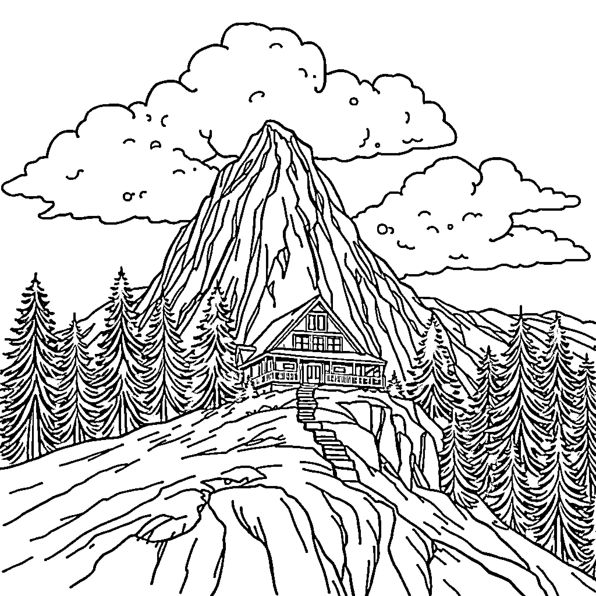 House nestled in mountain landscape Coloring Page (free black-and-white line drawing printable PDF for all, from beginners to advanced learners, including children, teens, adults, and seniors)