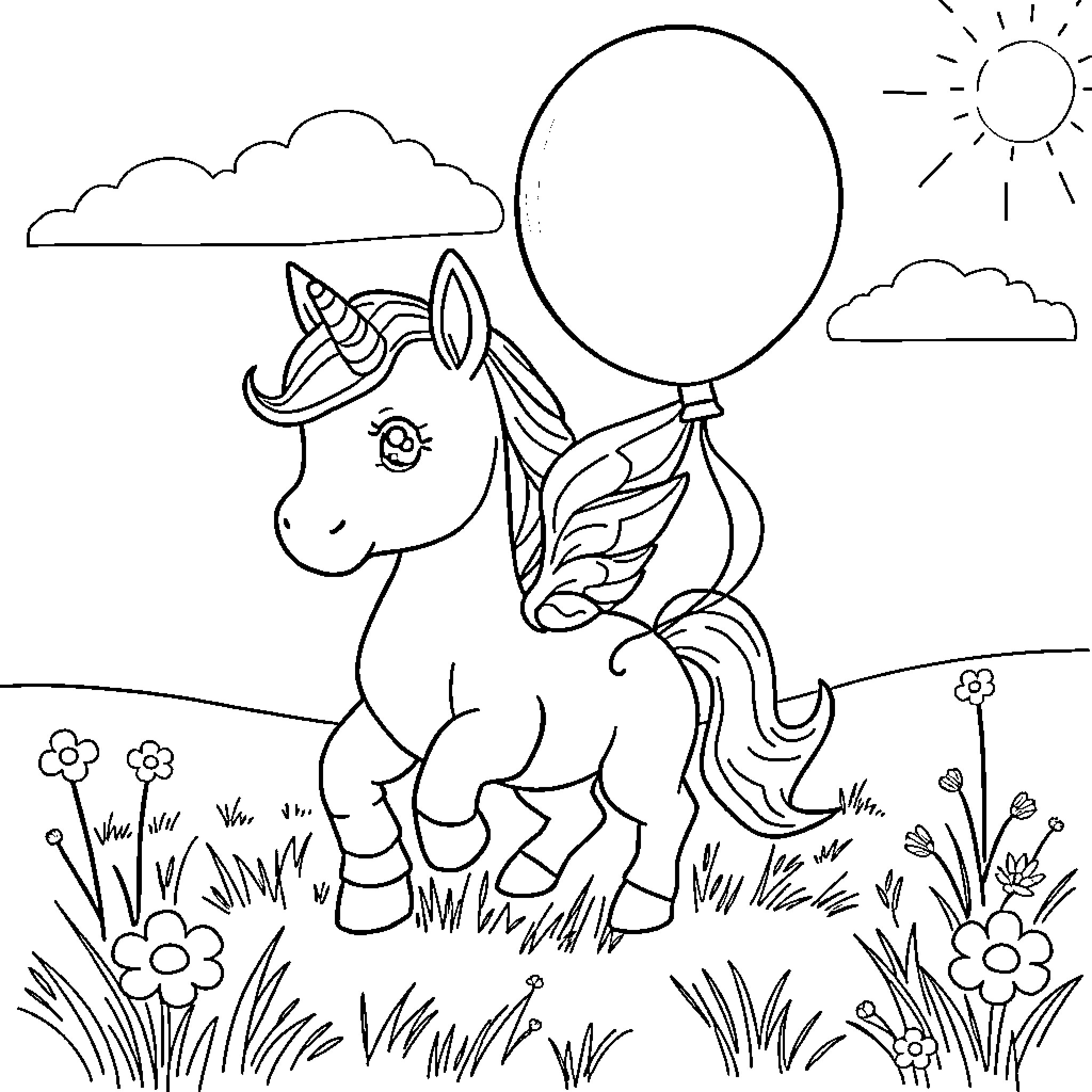 Unicorn playing with a colorful balloon in a sunny meadow Coloring Page (free black-and-white line drawing printable PDF for all, from beginners to advanced learners, including children, teens, adults, and seniors)