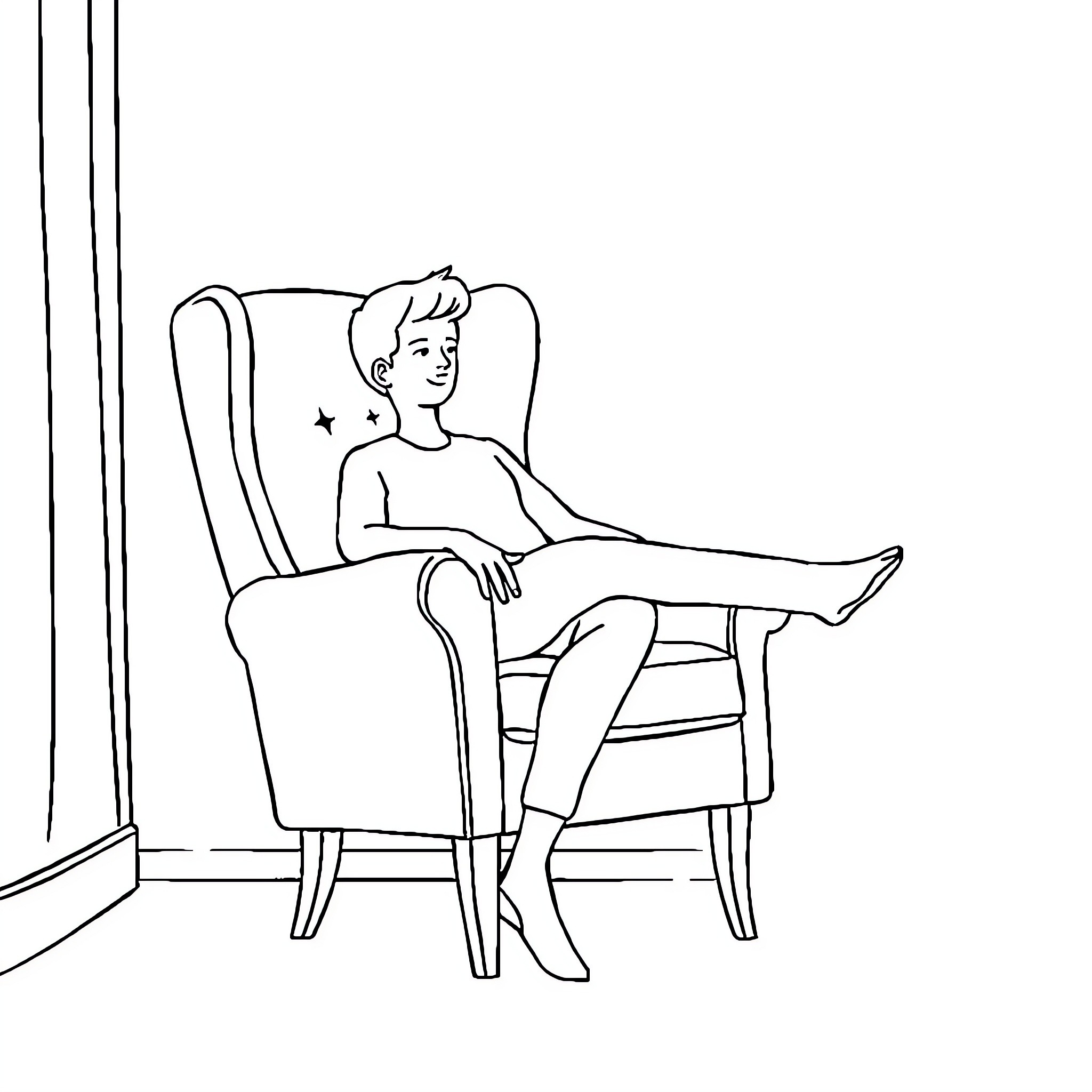 Chair with a person sitting comfortably Coloring Page (free black-and-white line drawing printable PDF for all, from beginners to advanced learners, including children, teens, adults, and seniors)