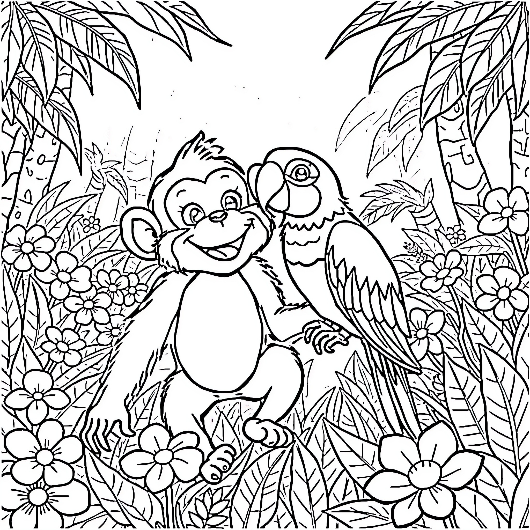 Animal friends exploring a tropical jungle scene Coloring Page (free black-and-white line drawing printable PDF for all, from beginners to advanced learners, including children, teens, adults, and seniors)