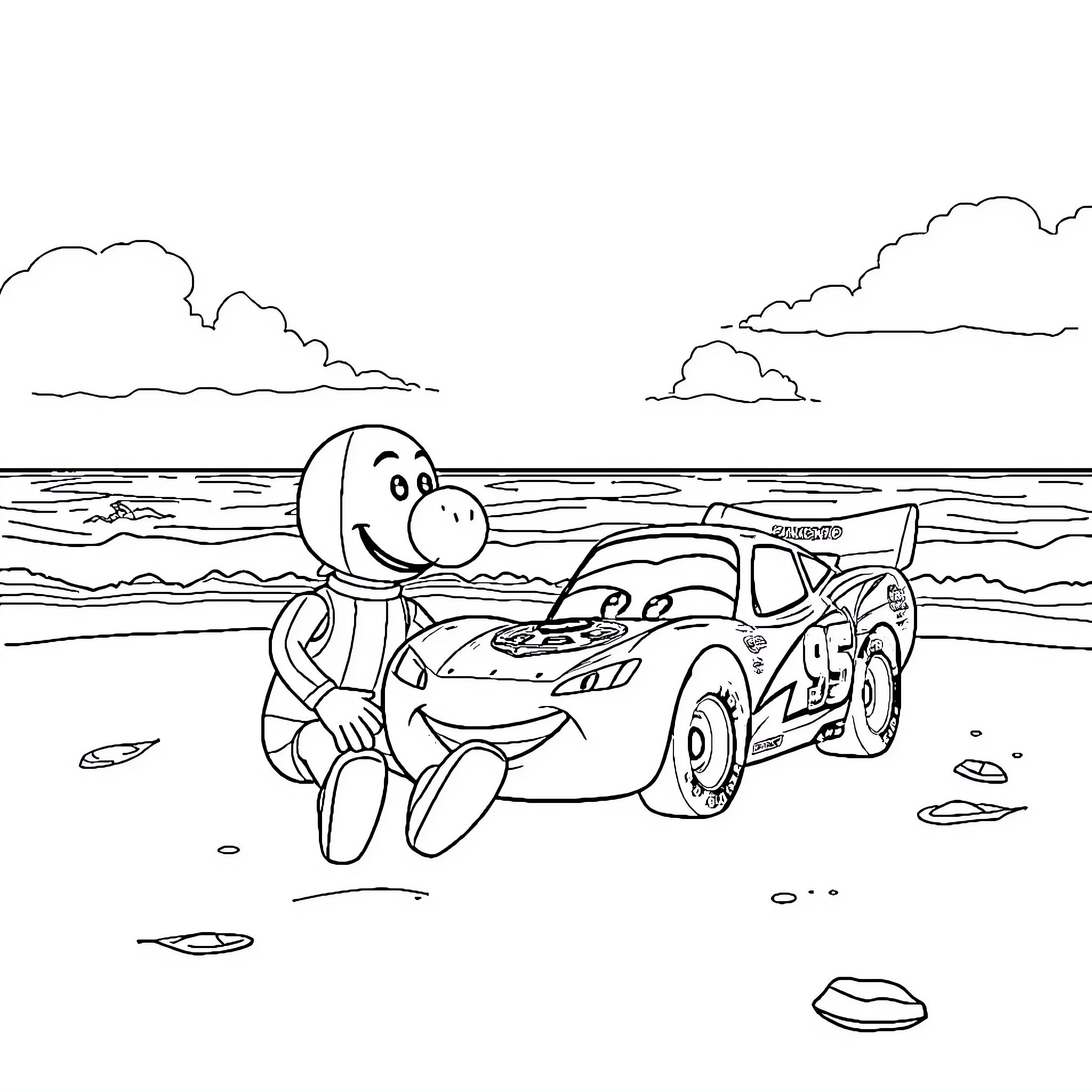 Pinocchio races his wooden car on the beach Coloring Page (free black-and-white line drawing printable PDF for all, from beginners to advanced learners, including children, teens, adults, and seniors)