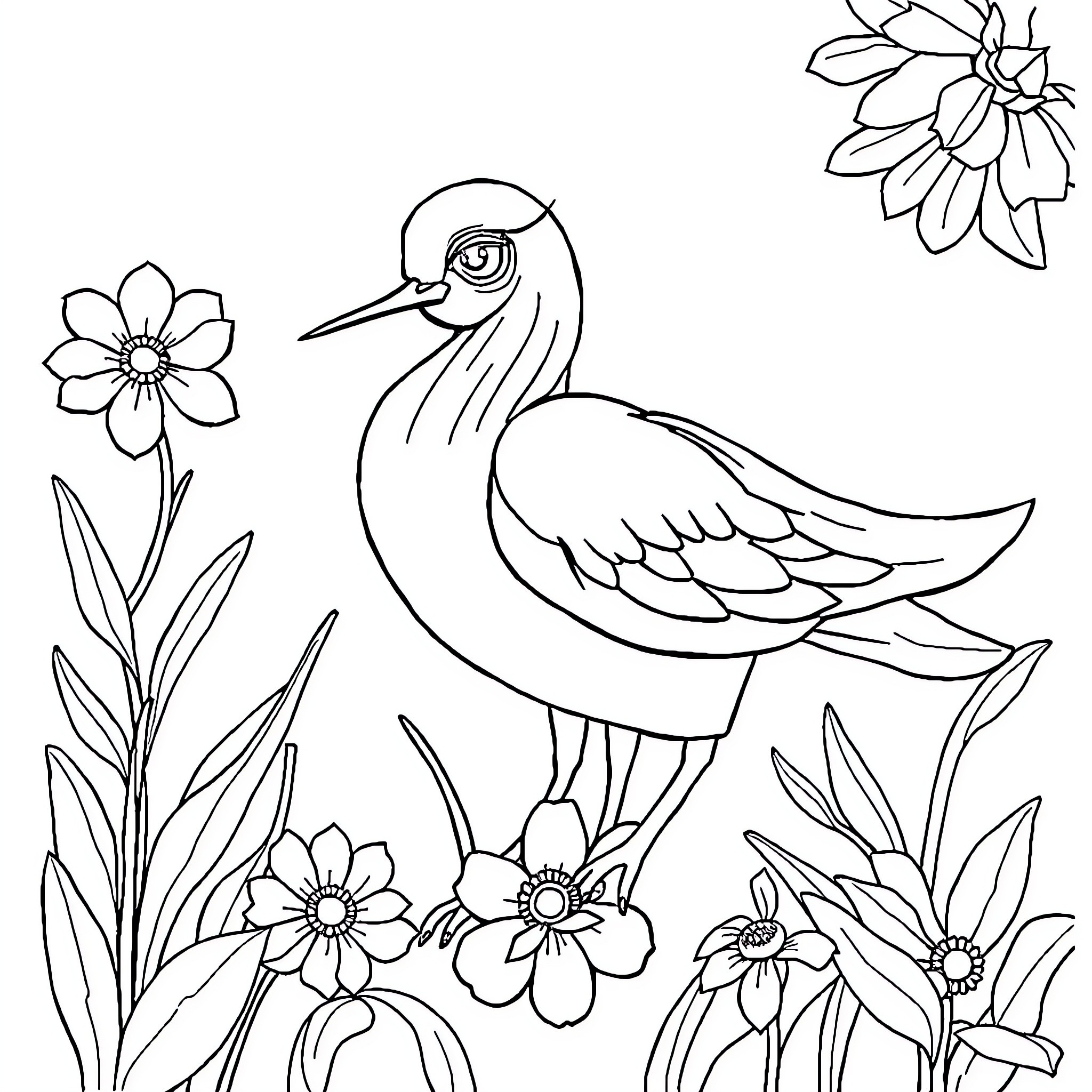 Paper Stitch Hummingbird Among Colorful Flowers Coloring Page (free black-and-white line drawing printable PDF for all, from beginners to advanced learners, including children, teens, adults, and seniors)