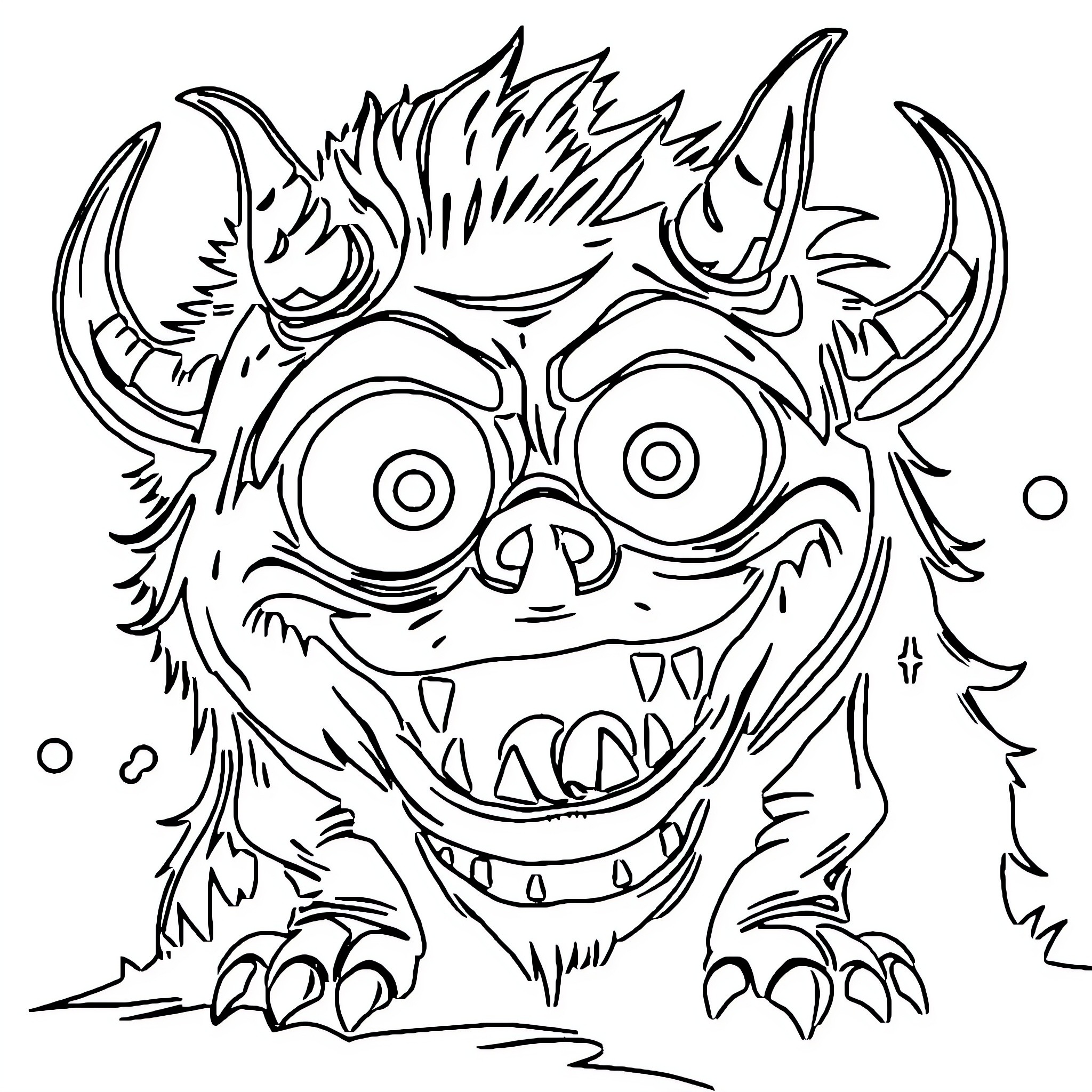 Monster with Frightening Expression and Fangs Coloring Page (free black-and-white line drawing printable PDF for all, from beginners to advanced learners, including children, teens, adults, and seniors)