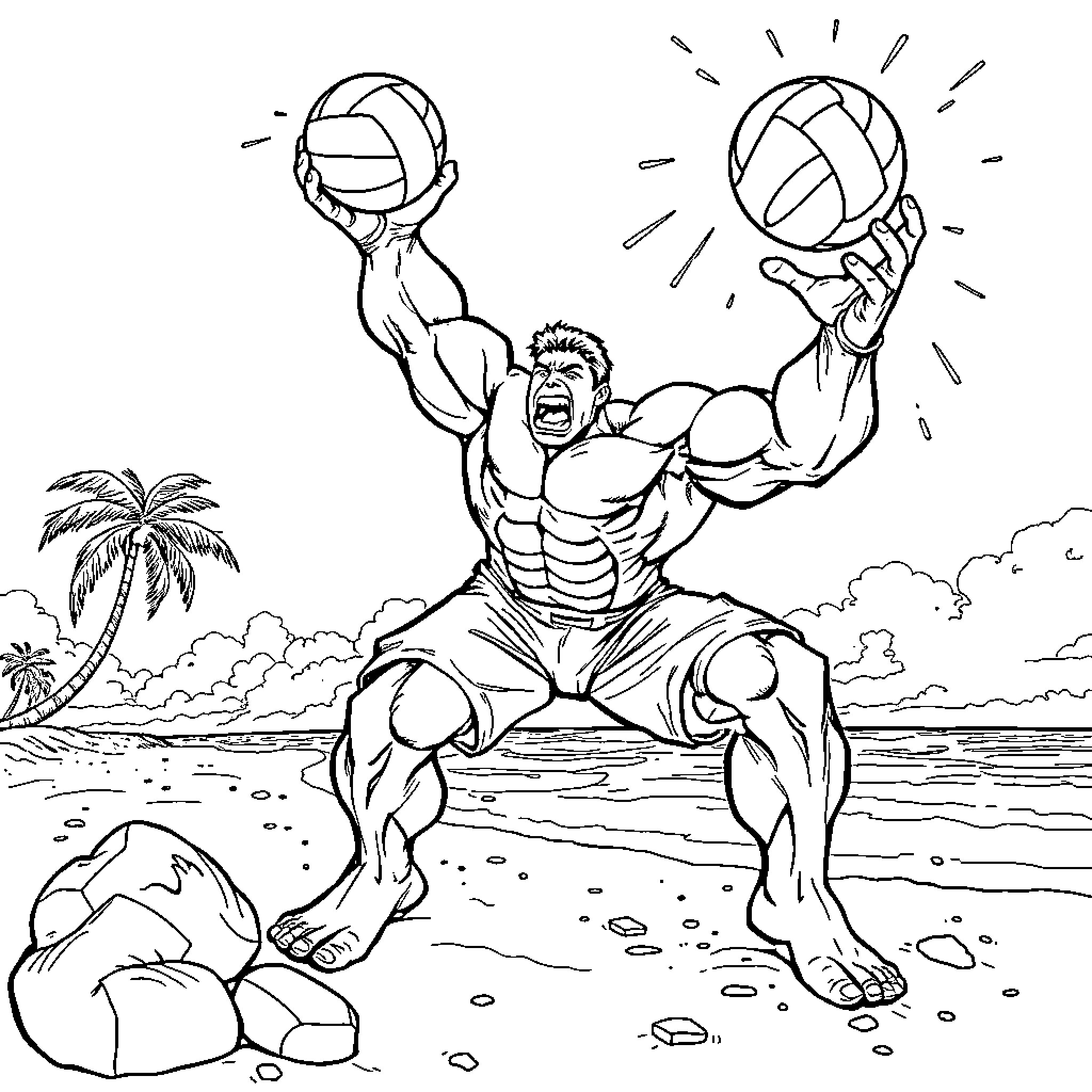 Hulk exulting in triumphant beach scene Coloring Page (free black-and-white line drawing printable PDF for all, from beginners to advanced learners, including children, teens, adults, and seniors)