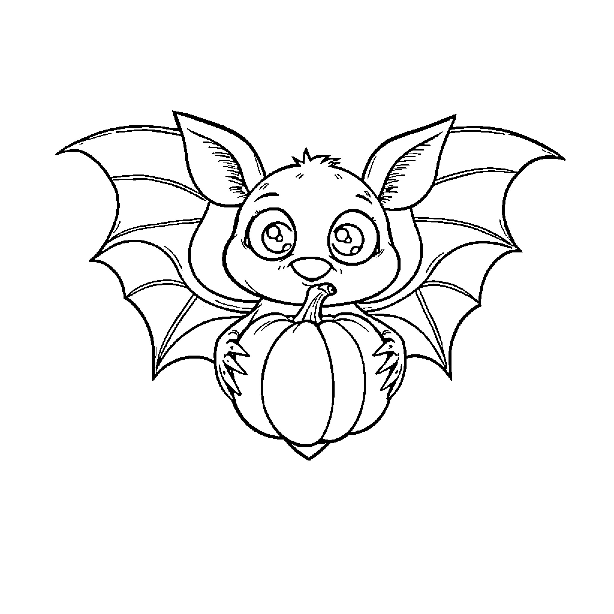 Bat happily holding a pumpkin Coloring Page (free black-and-white line drawing printable PDF for all, from beginners to advanced learners, including children, teens, adults, and seniors)