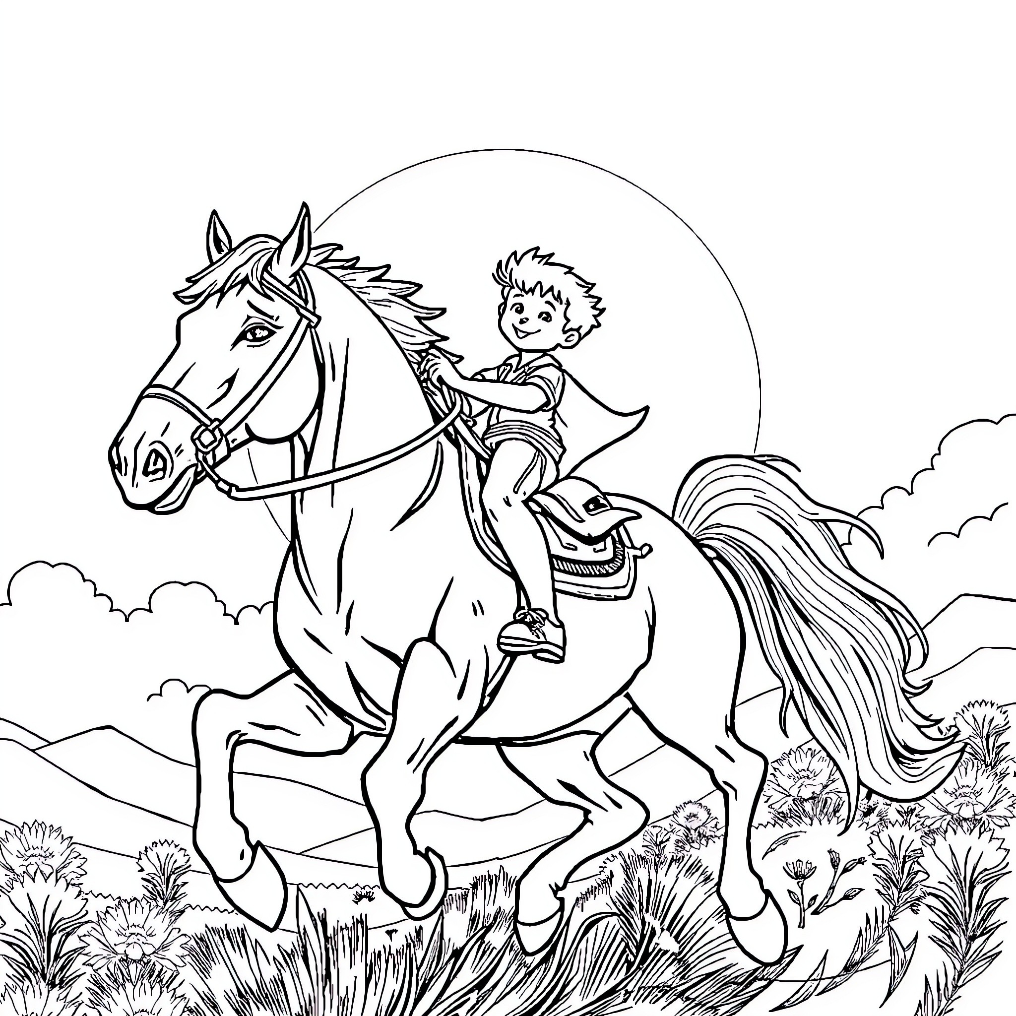 Boy riding majestic horse through scenic countryside Coloring Page (free black-and-white line drawing printable PDF for all, from beginners to advanced learners, including children, teens, adults, and seniors)