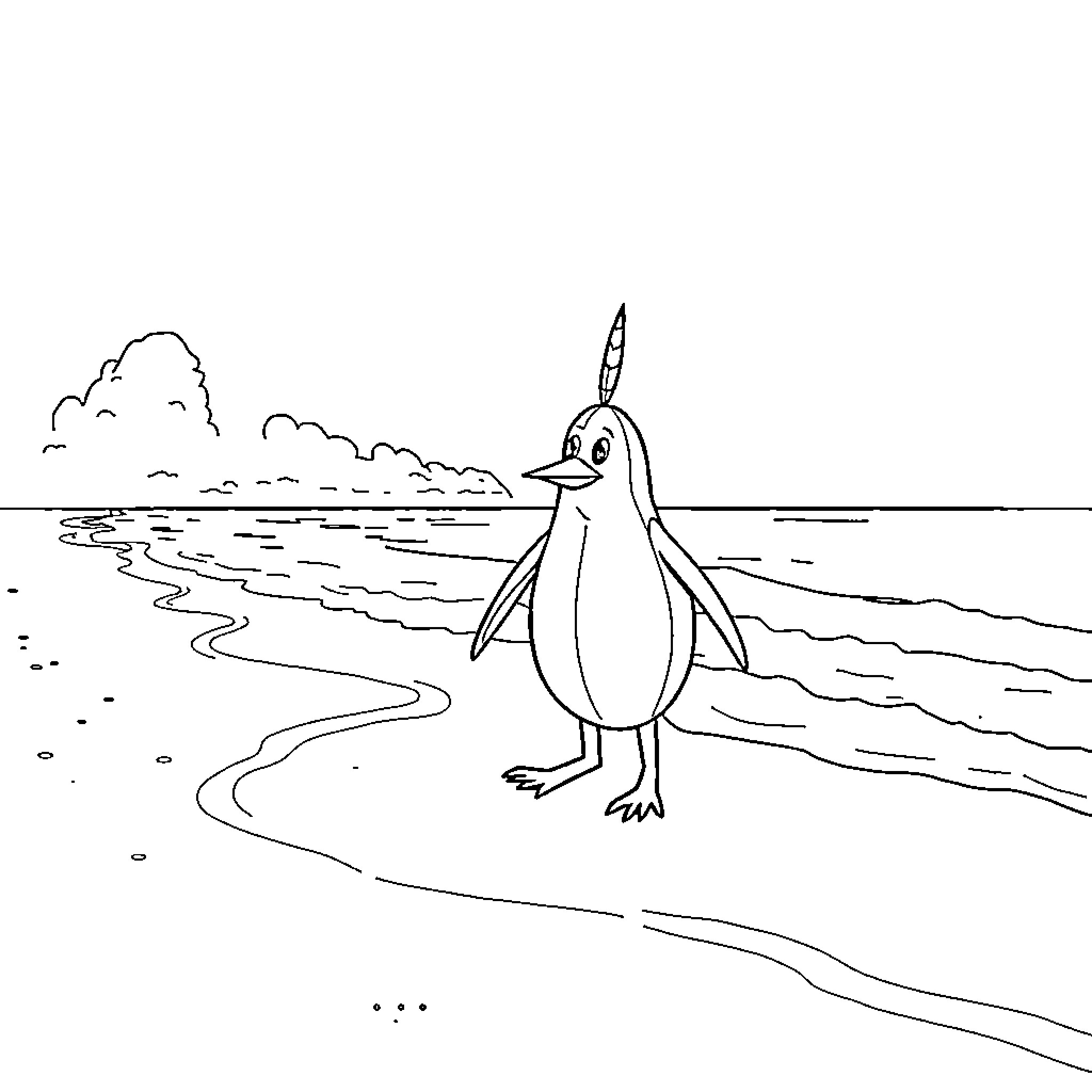 Punpun the Penguin on the Beachfront Coloring Page (free black-and-white line drawing printable PDF for all, from beginners to advanced learners, including children, teens, adults, and seniors)