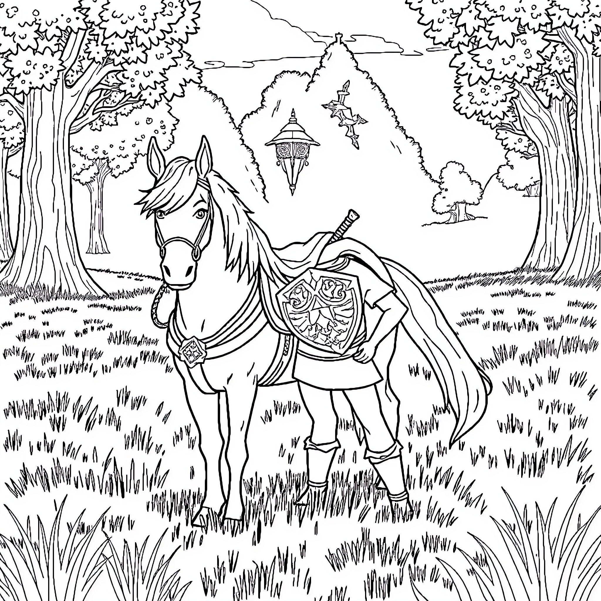 Link's Adventure in the Enchanted Forest Coloring Page (free black-and-white line drawing printable PDF for all, from beginners to advanced learners, including children, teens, adults, and seniors)