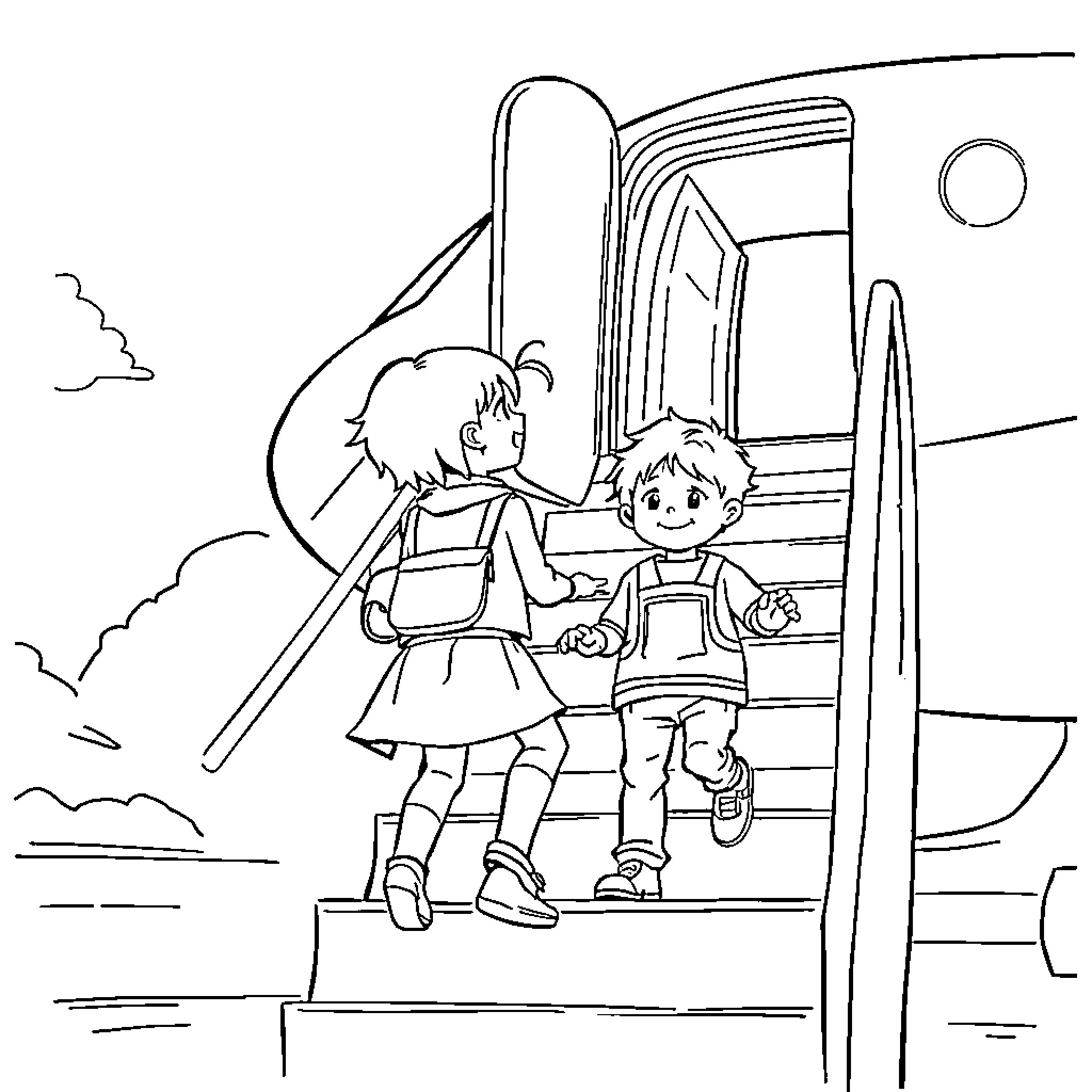 Plane Passengers Boarding Plane Coloring Page (free black-and-white line drawing printable PDF for all, from beginners to advanced learners, including children, teens, adults, and seniors)
