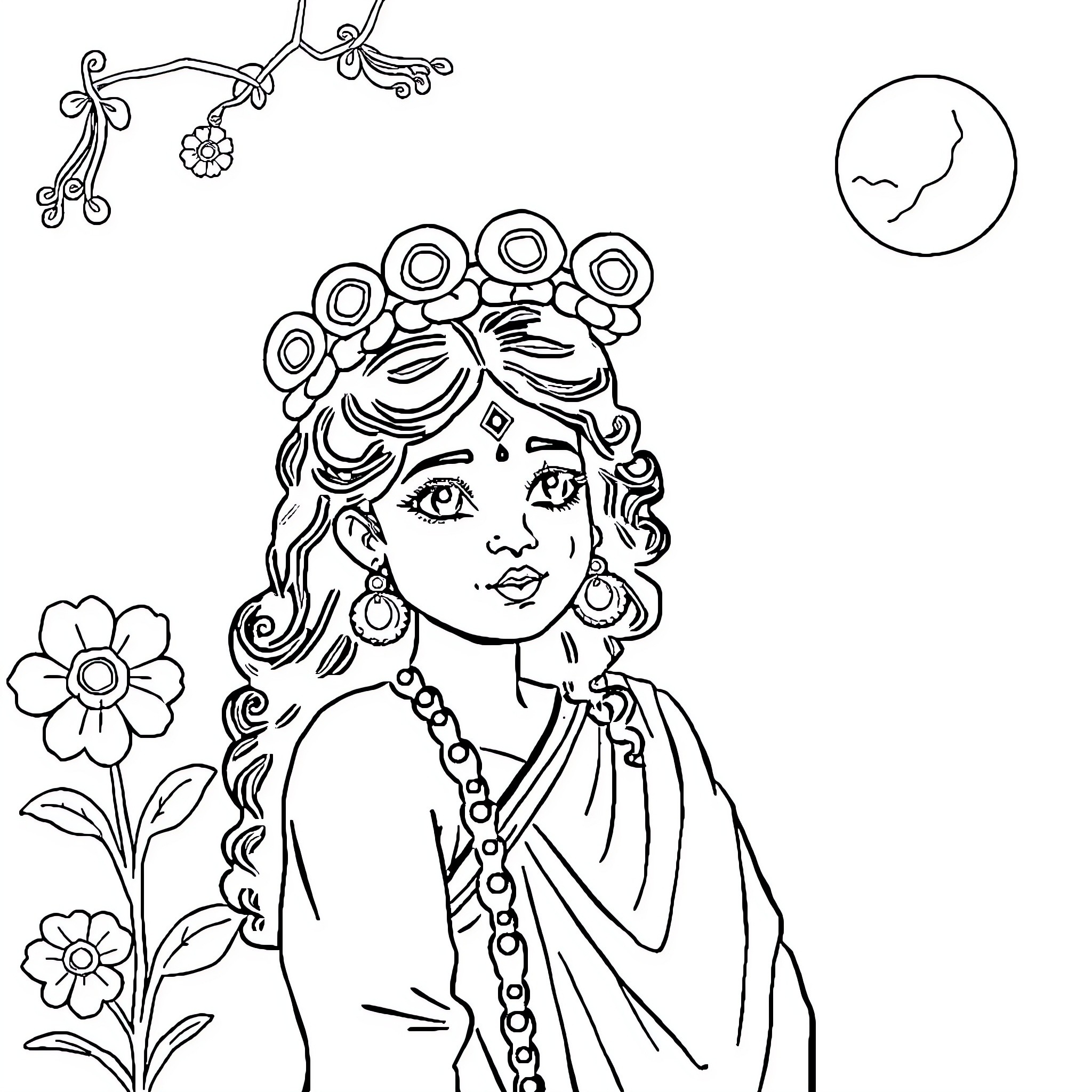 Person wearing ornate headdress with flowers and jewels Coloring Page (free black-and-white line drawing printable PDF for all, from beginners to advanced learners, including children, teens, adults, and seniors)