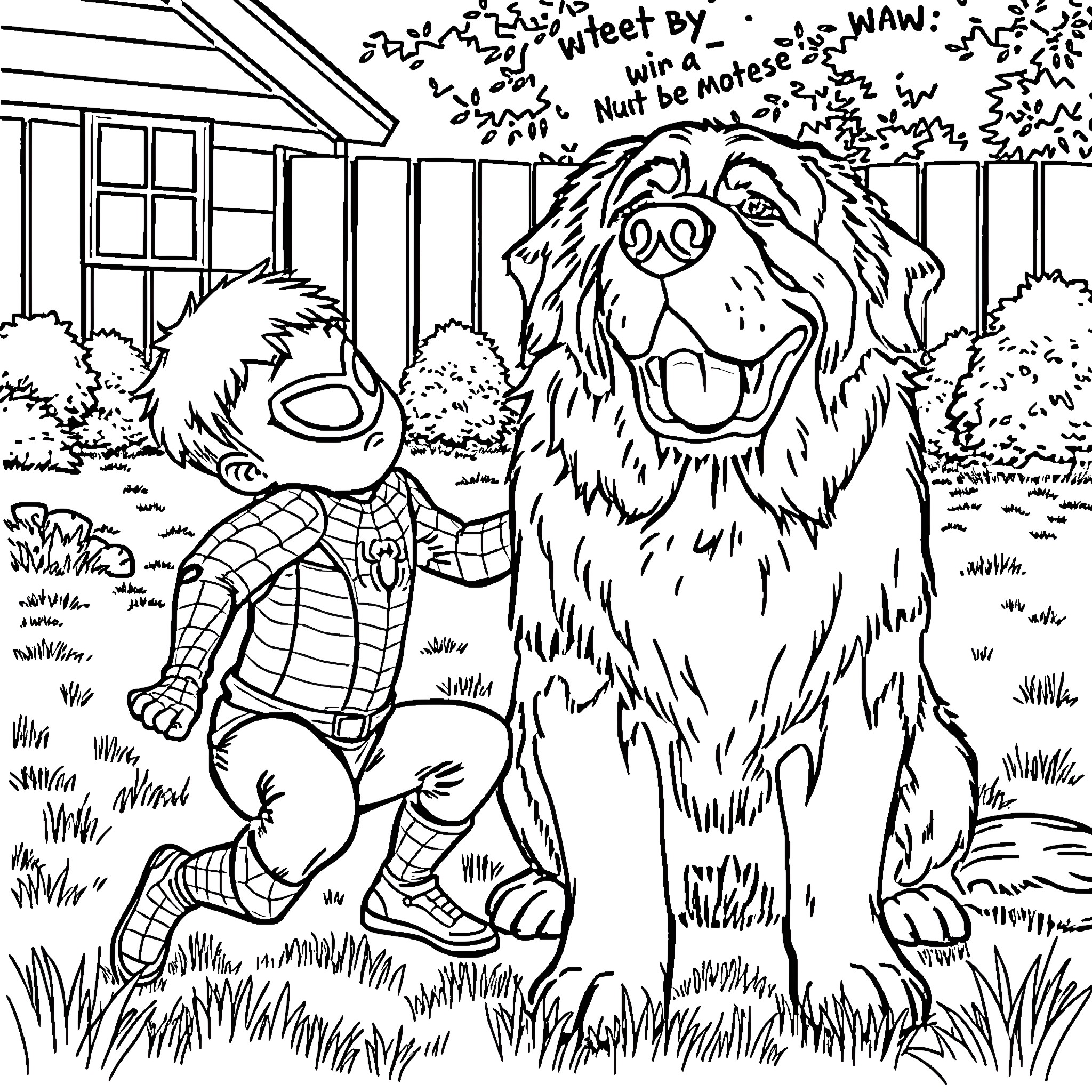 Spider-Boy meets a large friendly dog in the yard Coloring Page (free black-and-white line drawing printable PDF for all, from beginners to advanced learners, including children, teens, adults, and seniors)