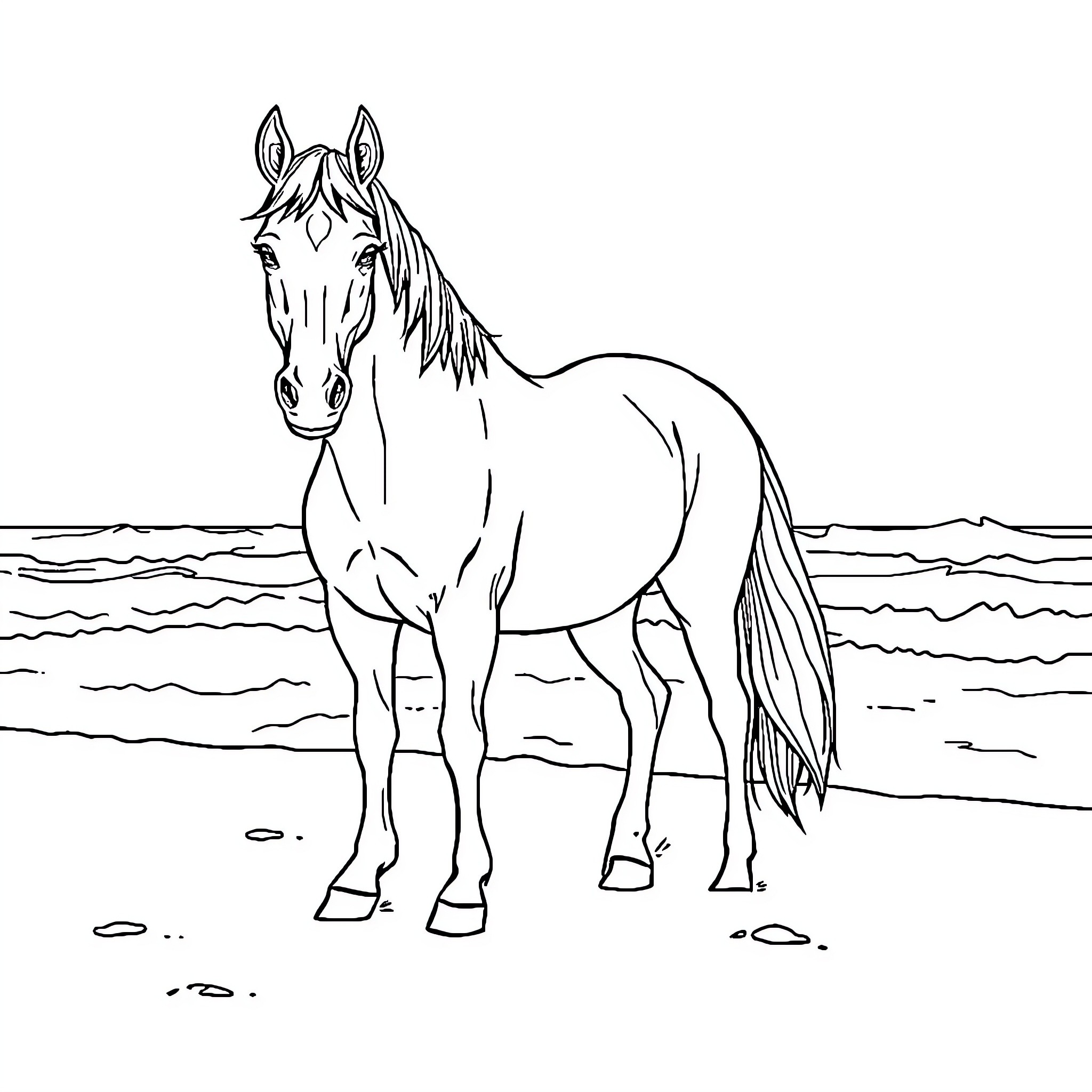 Horse standing majestically in the landscape Coloring Page (free black-and-white line drawing printable PDF for all, from beginners to advanced learners, including children, teens, adults, and seniors)
