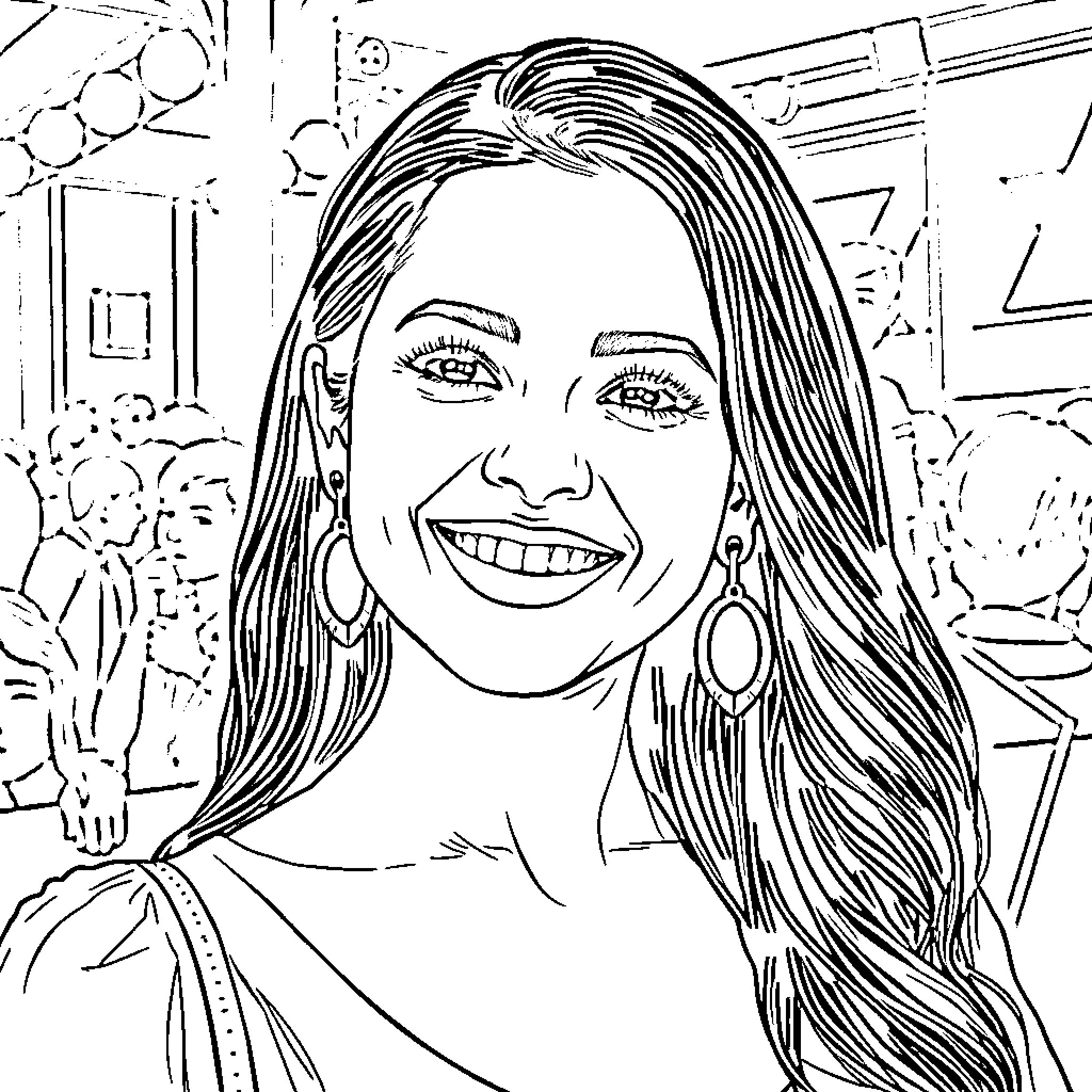 Jenna Ortega Smiling Brightly in Casual Attire Coloring Page (free black-and-white line drawing printable PDF for all, from beginners to advanced learners, including children, teens, adults, and seniors)
