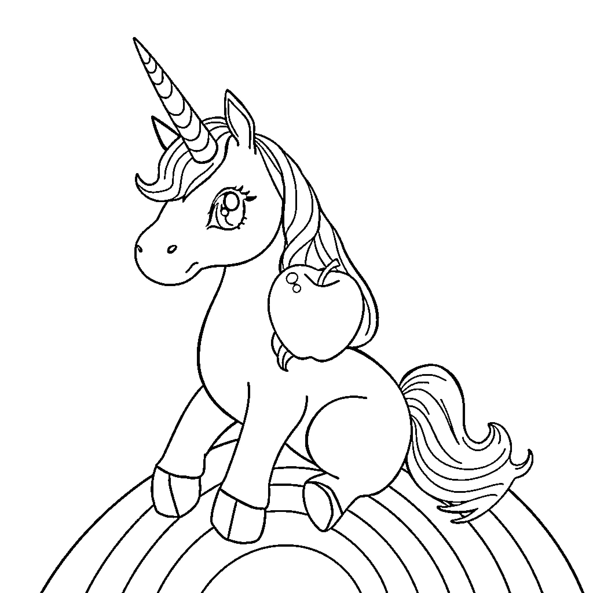 Unicorn resting on a rainbow Coloring Page (free black-and-white line drawing printable PDF for all, from beginners to advanced learners, including children, teens, adults, and seniors)