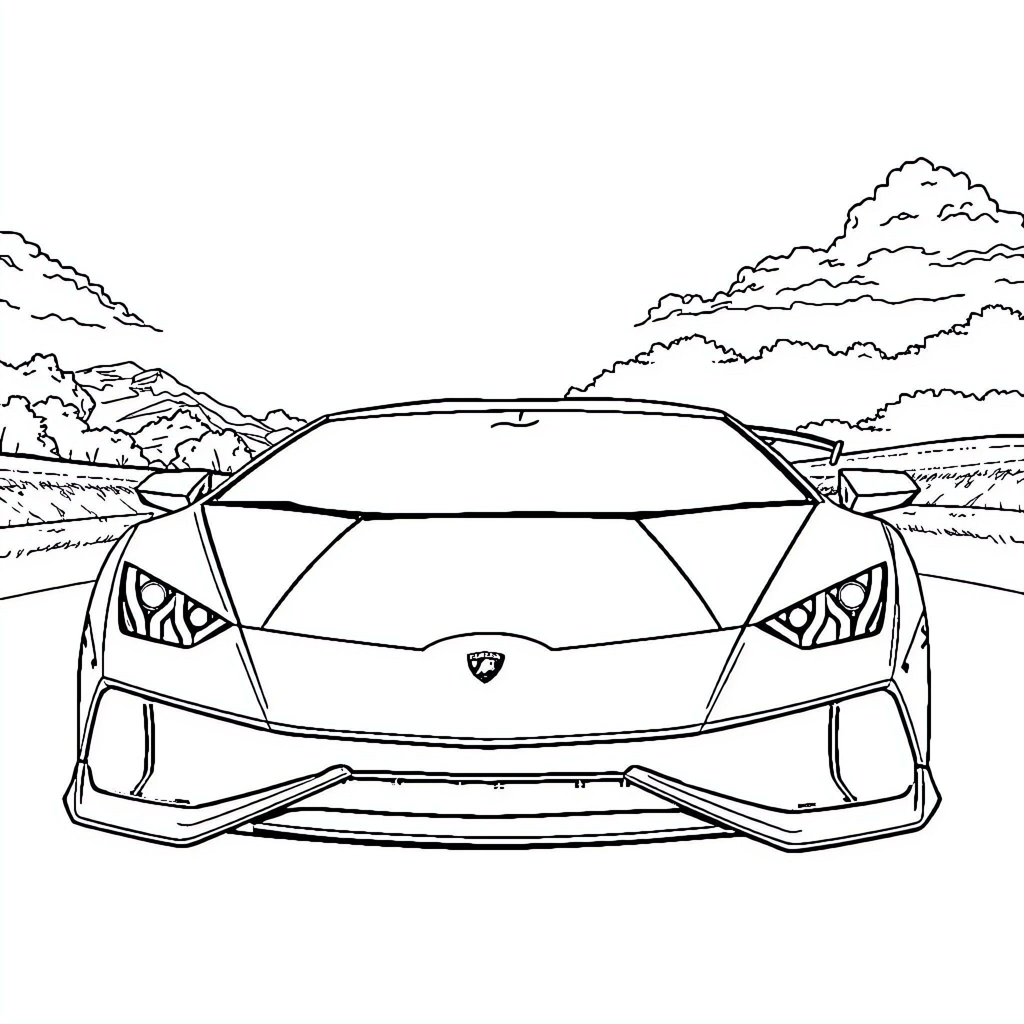 Lamborghini speeding through the mountainous landscape Coloring Page (free black-and-white line drawing printable PDF for all, from beginners to advanced learners, including children, teens, adults, and seniors)