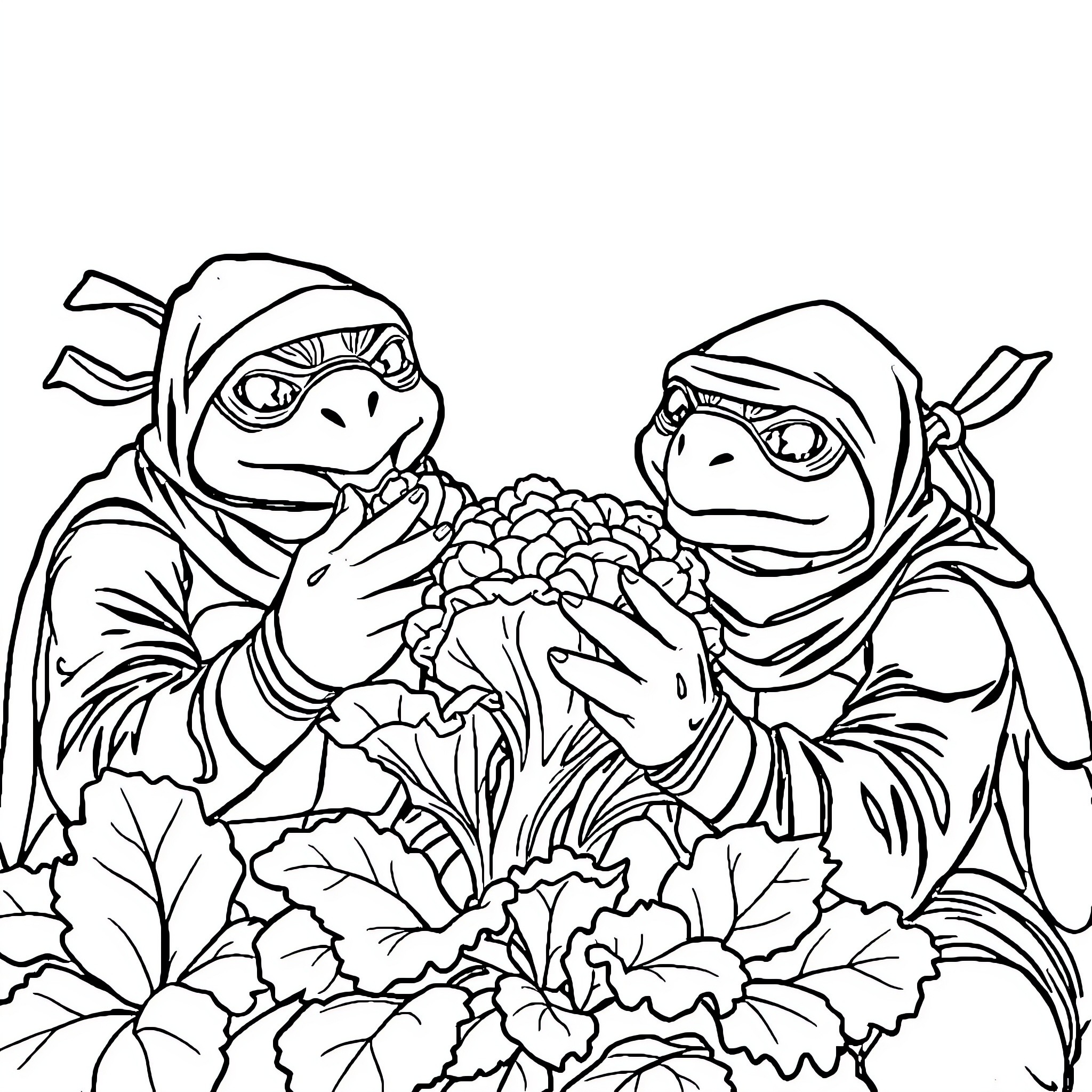 Ninja Turtles exploring colorful flowers Coloring Page (free black-and-white line drawing printable PDF for all, from beginners to advanced learners, including children, teens, adults, and seniors)