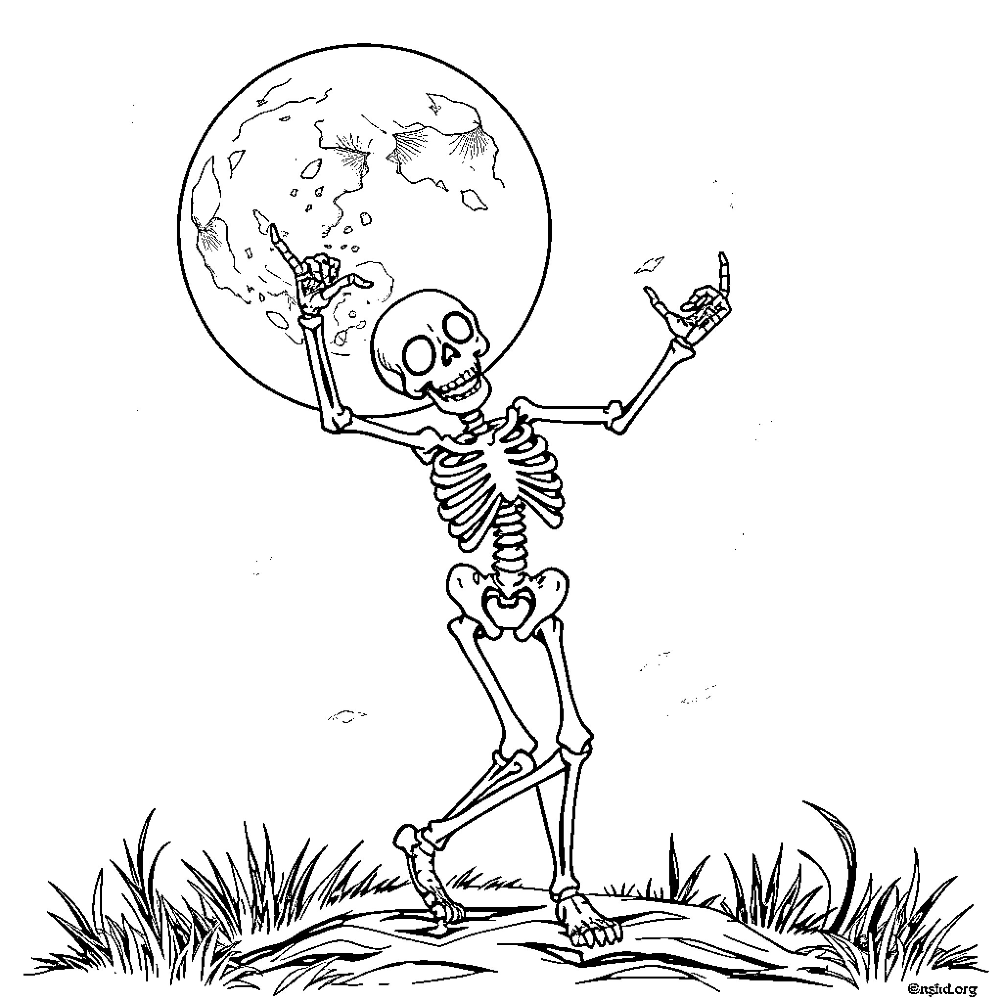 Skeleton holding the world on its shoulders Coloring Page (free black-and-white line drawing printable PDF for all, from beginners to advanced learners, including children, teens, adults, and seniors)