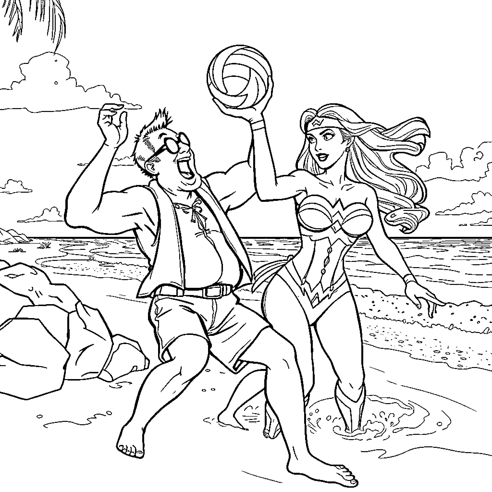 Leisure Suit Larry's Beach Adventure Coloring Page (free black-and-white line drawing printable PDF for all, from beginners to advanced learners, including children, teens, adults, and seniors)