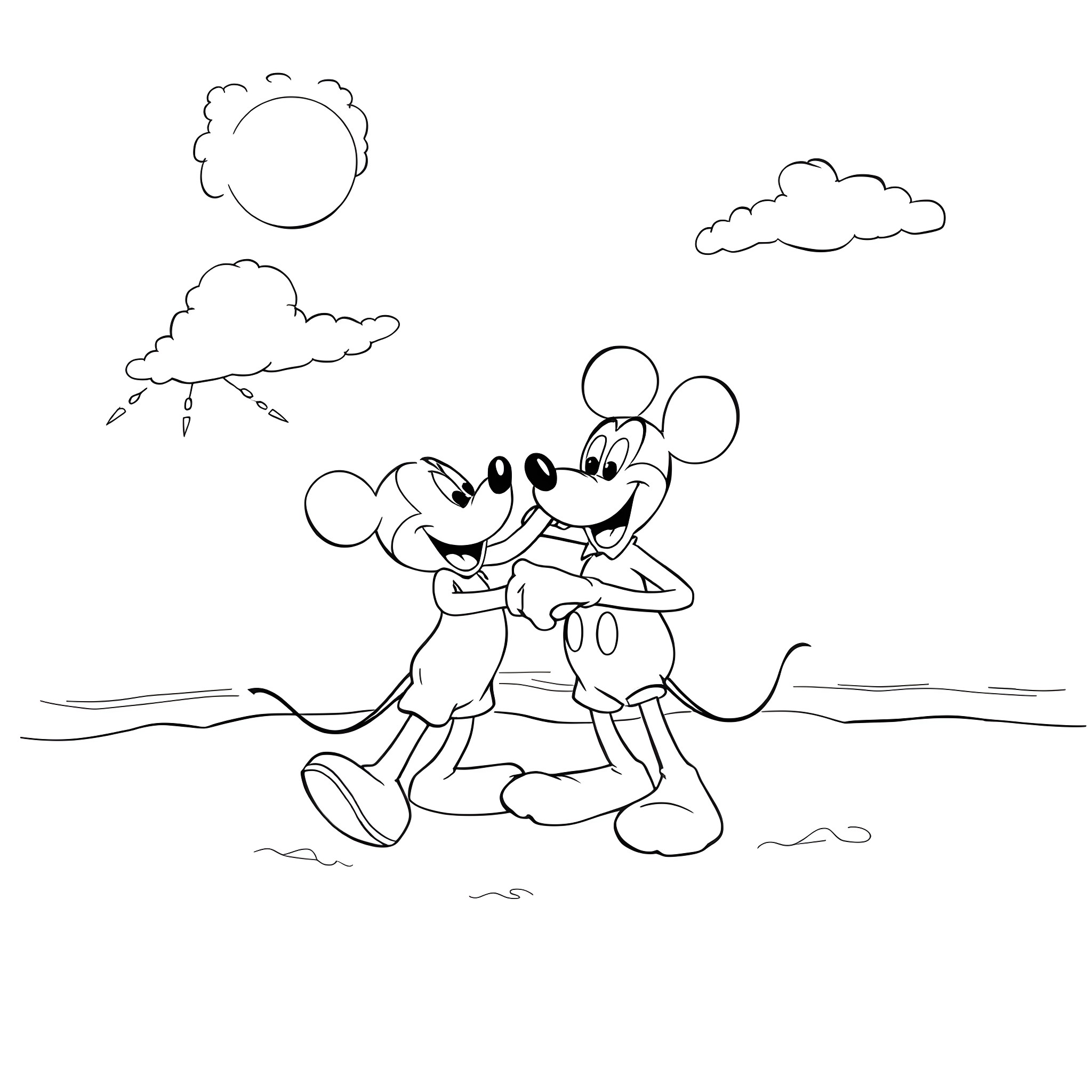 Mickey Mouse and Minnie Mouse in a playful embrace Coloring Page (free black-and-white line drawing printable PDF for all, from beginners to advanced learners, including children, teens, adults, and seniors)