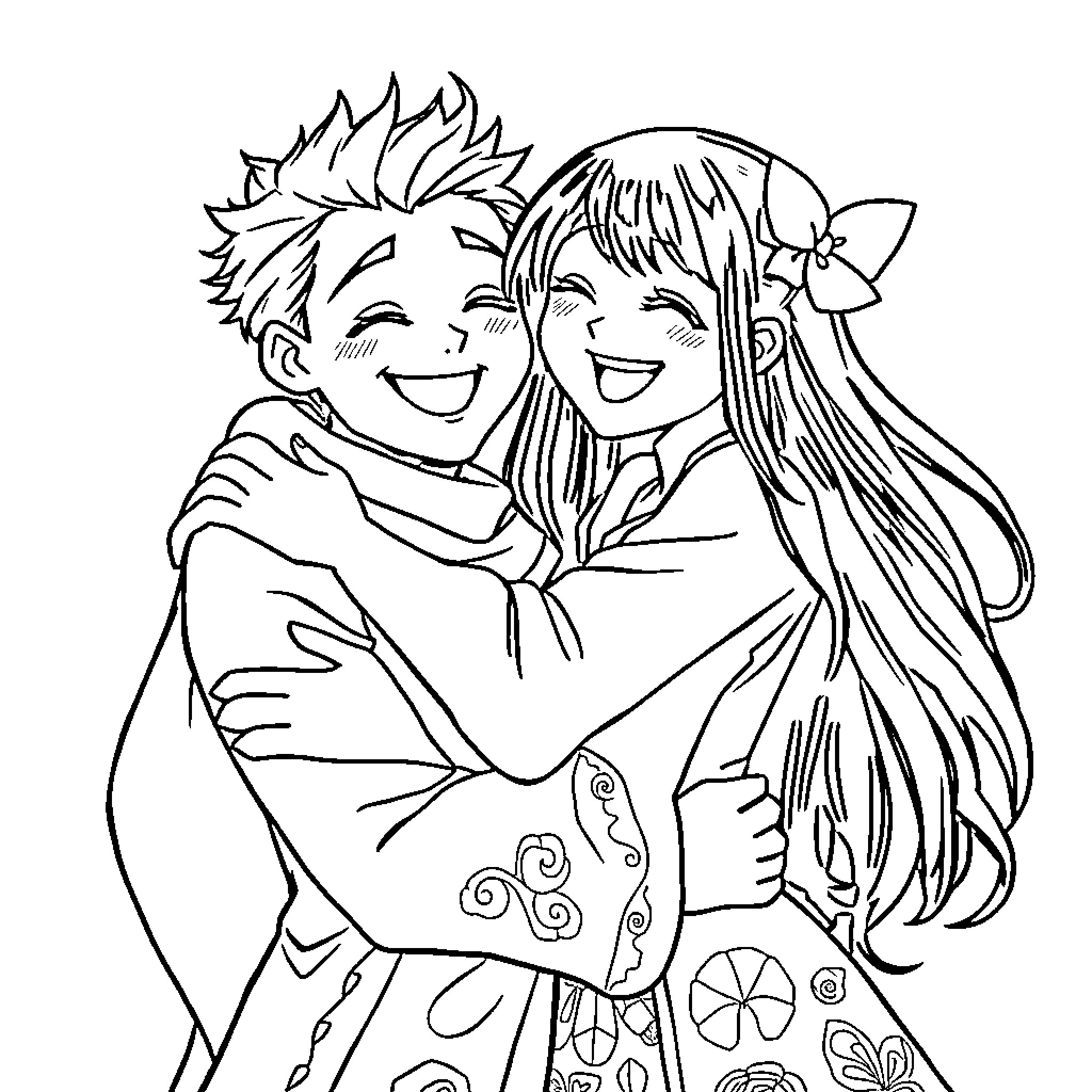 Genya's Cheerful Embrace Coloring Page (free black-and-white line drawing printable PDF for all, from beginners to advanced learners, including children, teens, adults, and seniors)