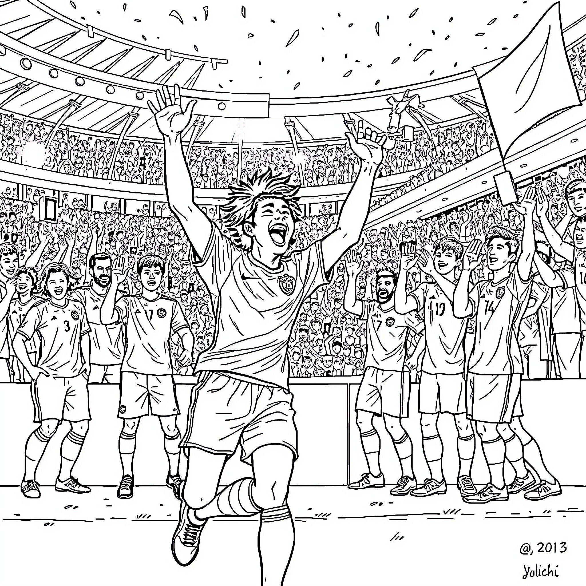 Isagi Yoichi celebrating a victory with teammates on the field Coloring Page (free black-and-white line drawing printable PDF for all, from beginners to advanced learners, including children, teens, adults, and seniors)
