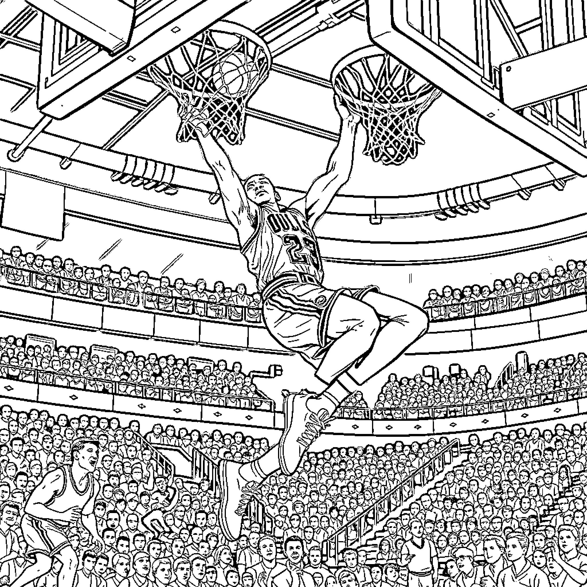 Michael Jordan soaring for a powerful dunk in a basketball stadium Coloring Page (free black-and-white line drawing printable PDF for all, from beginners to advanced learners, including children, teens, adults, and seniors)