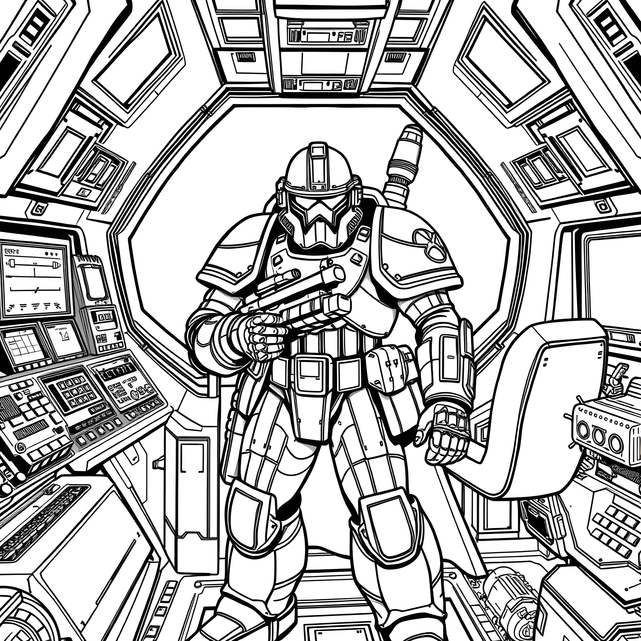 Space Marine Commanding Operations in Futuristic Control Room Coloring Page (free black-and-white line drawing printable PDF for all, from beginners to advanced learners, including children, teens, adults, and seniors)