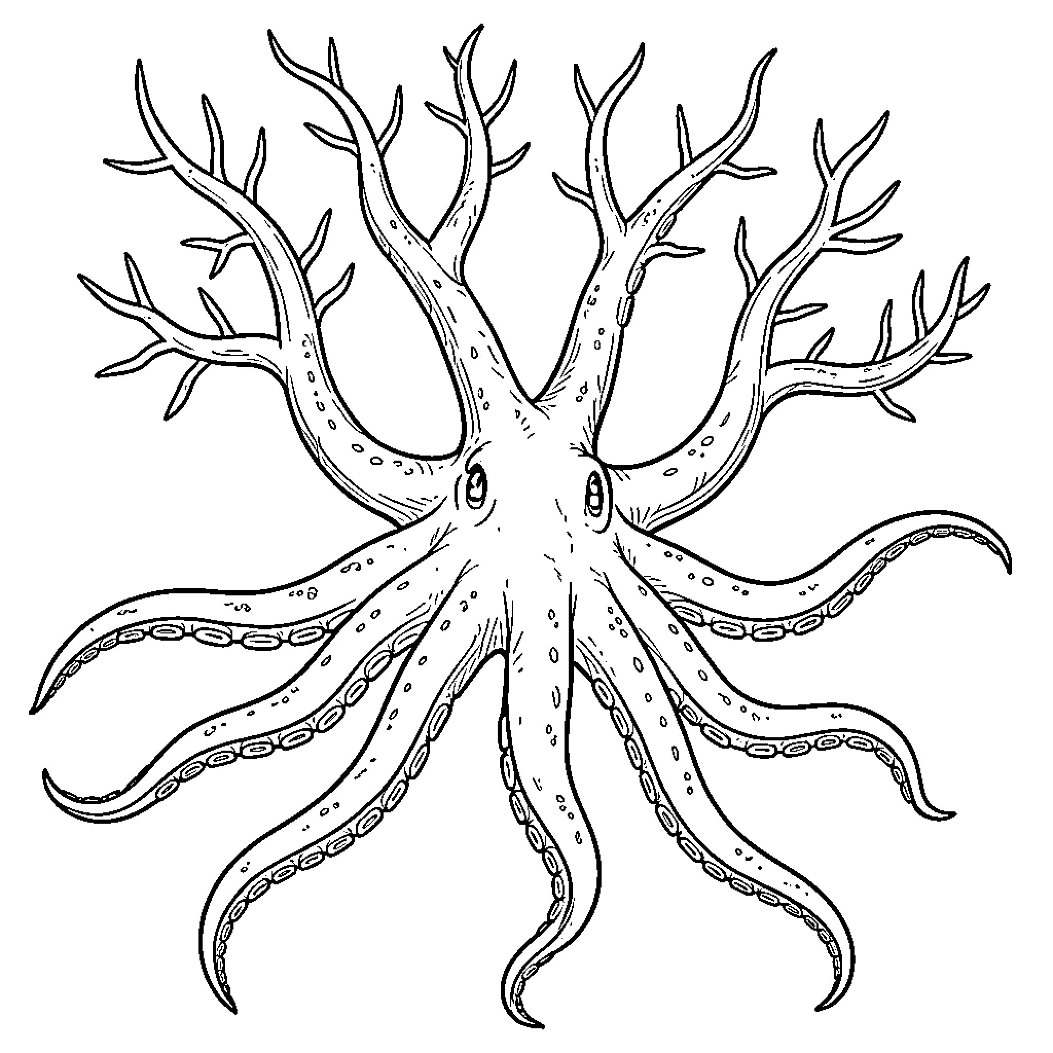 Octopus Tree spreading its branches and tentacles wide Coloring Page (free black-and-white line drawing printable PDF for all, from beginners to advanced learners, including children, teens, adults, and seniors)