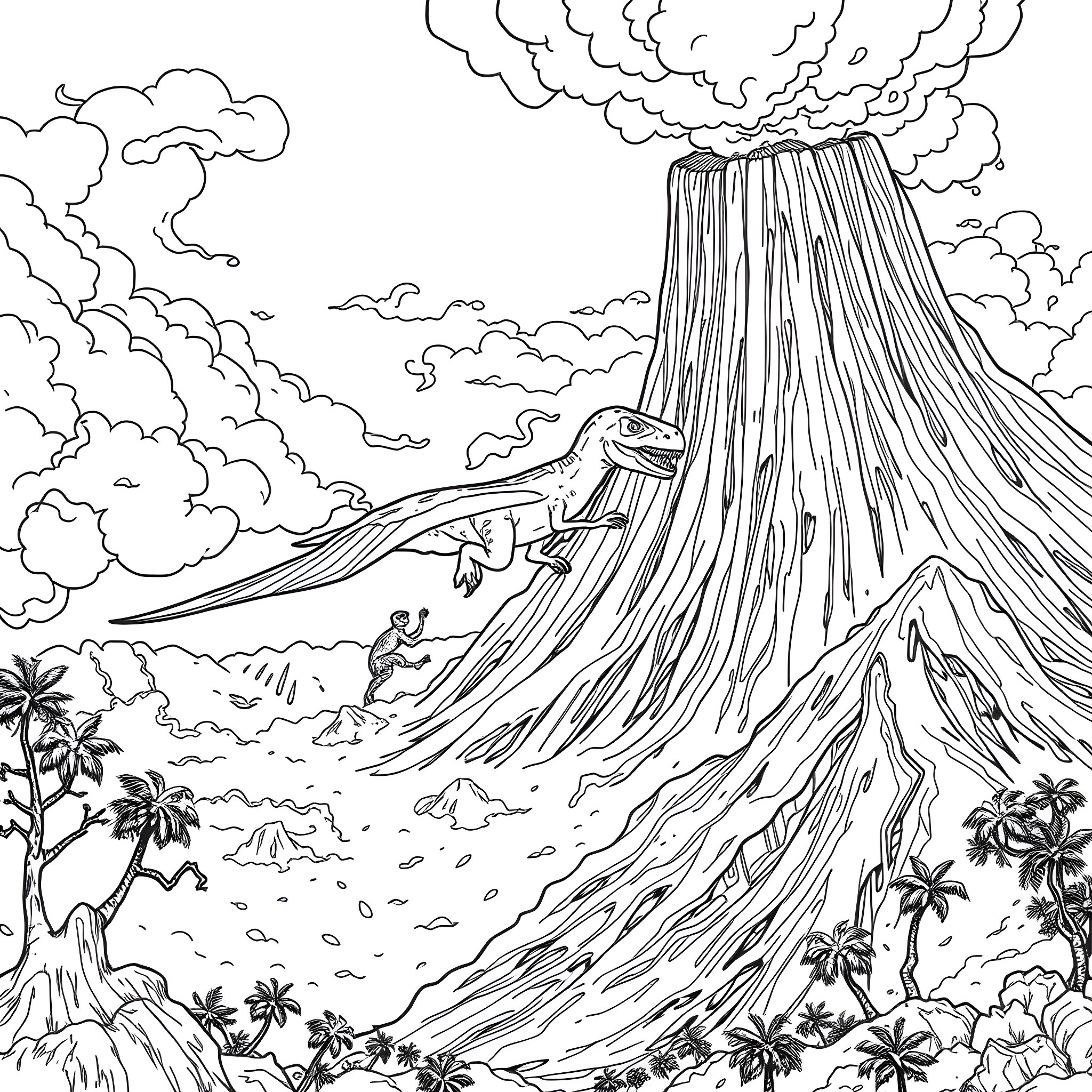 Velociraptor hunting its prey in a prehistoric landscape Coloring Page (free black-and-white line drawing printable PDF for all, from beginners to advanced learners, including children, teens, adults, and seniors)