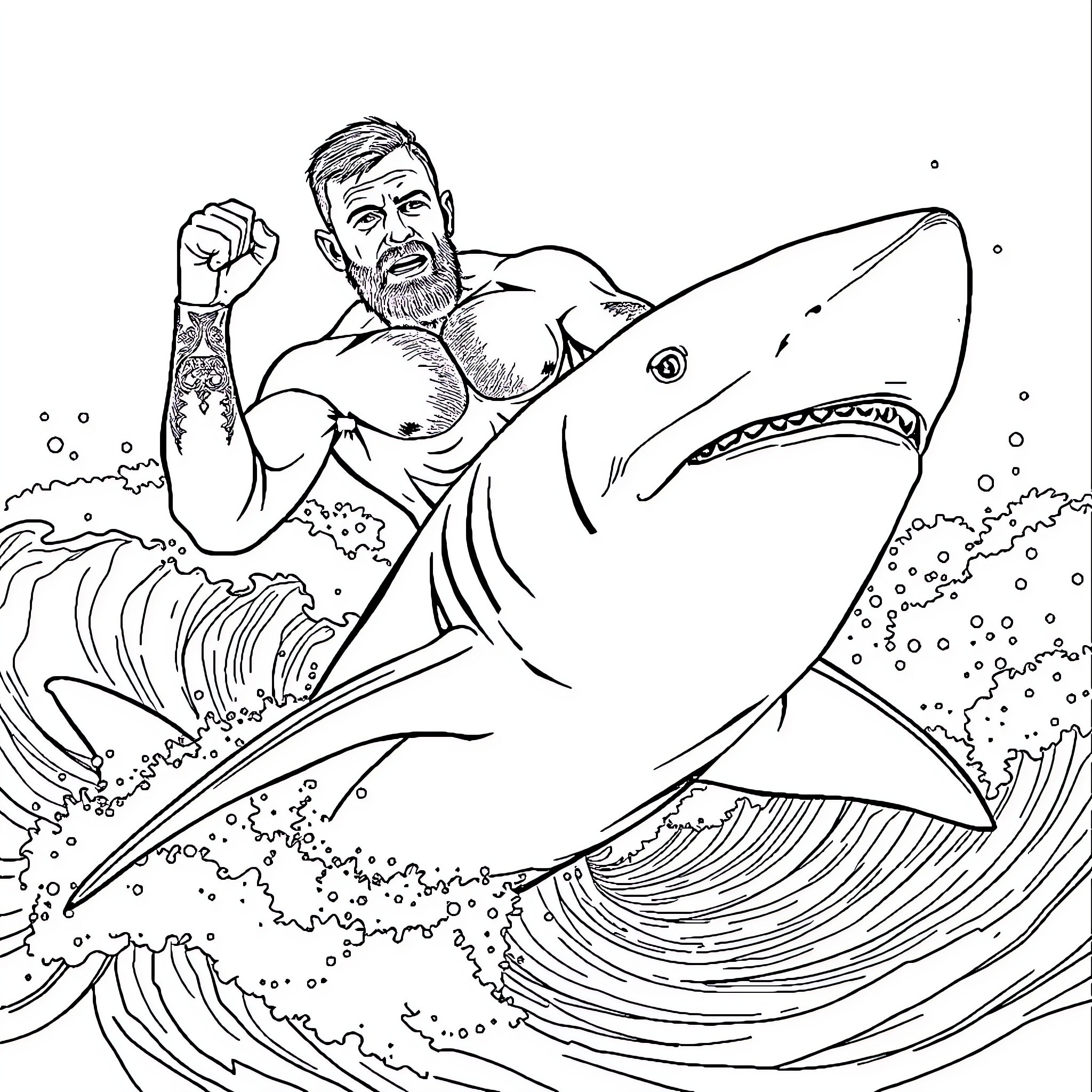 Conor McGregor Battling Ferocious Shark in Dramatic Ocean Scene Coloring Page (free black-and-white line drawing printable PDF for all, from beginners to advanced learners, including children, teens, adults, and seniors)