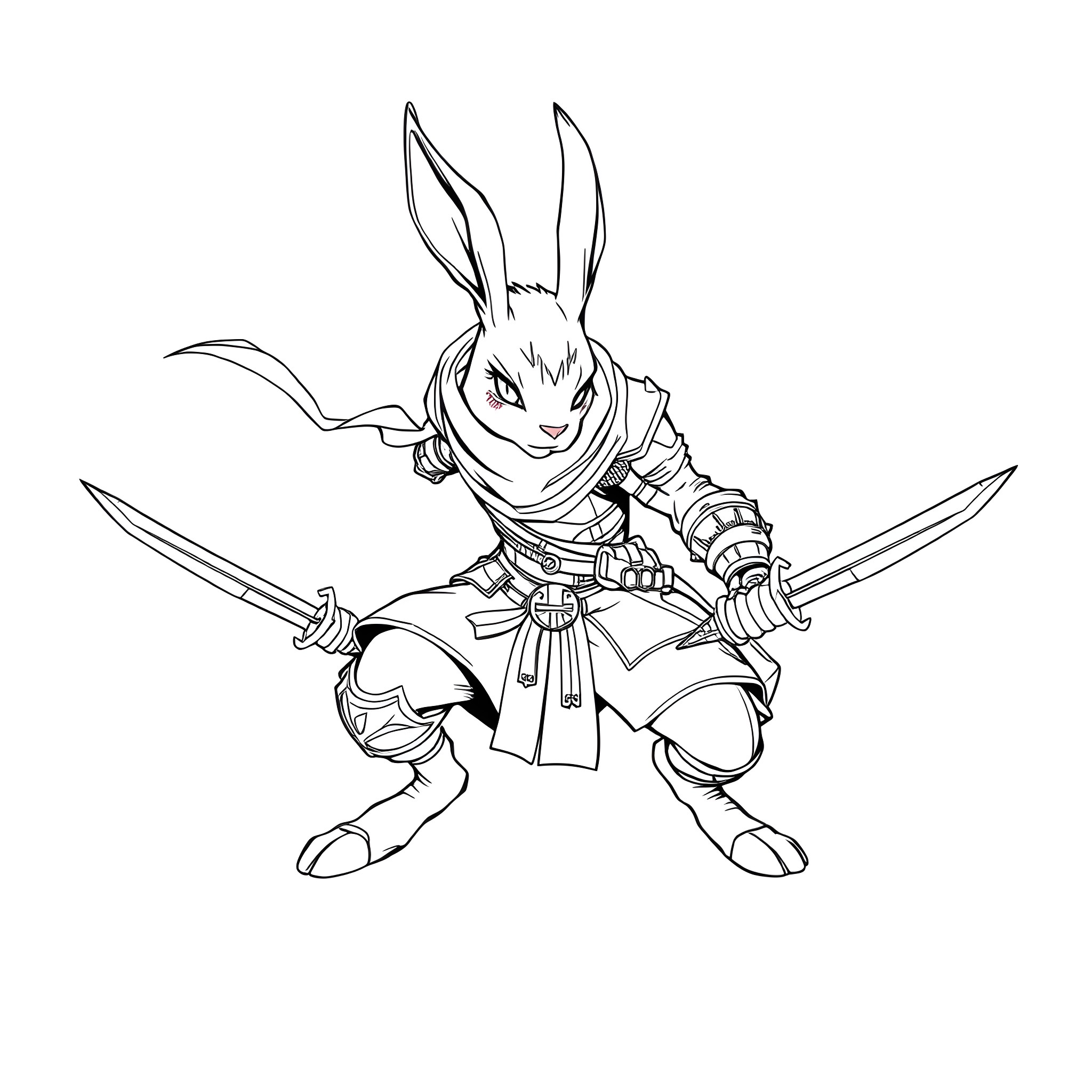 Rabbit warrior with swords in battle stance Coloring Page (free black-and-white line drawing printable PDF for all, from beginners to advanced learners, including children, teens, adults, and seniors)