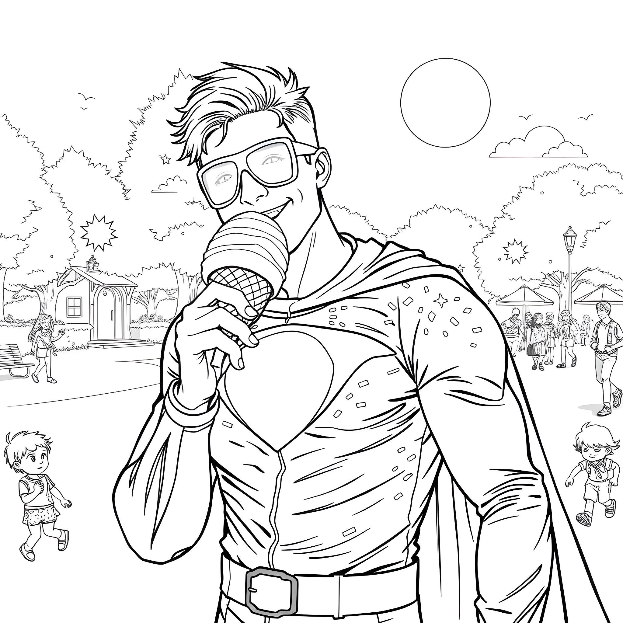 Man in colorful outfit standing in a lively town Coloring Page (free black-and-white line drawing printable PDF for all, from beginners to advanced learners, including children, teens, adults, and seniors)