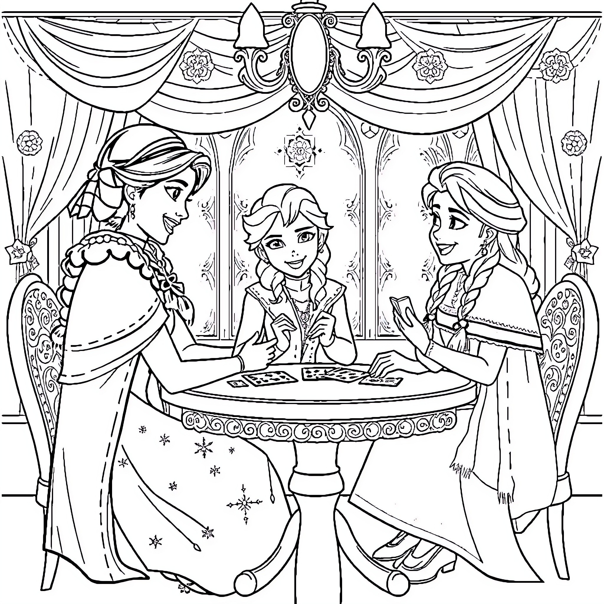 Elsa and friends playing a board game in a grand hall Coloring Page (free black-and-white line drawing printable PDF for all, from beginners to advanced learners, including children, teens, adults, and seniors)
