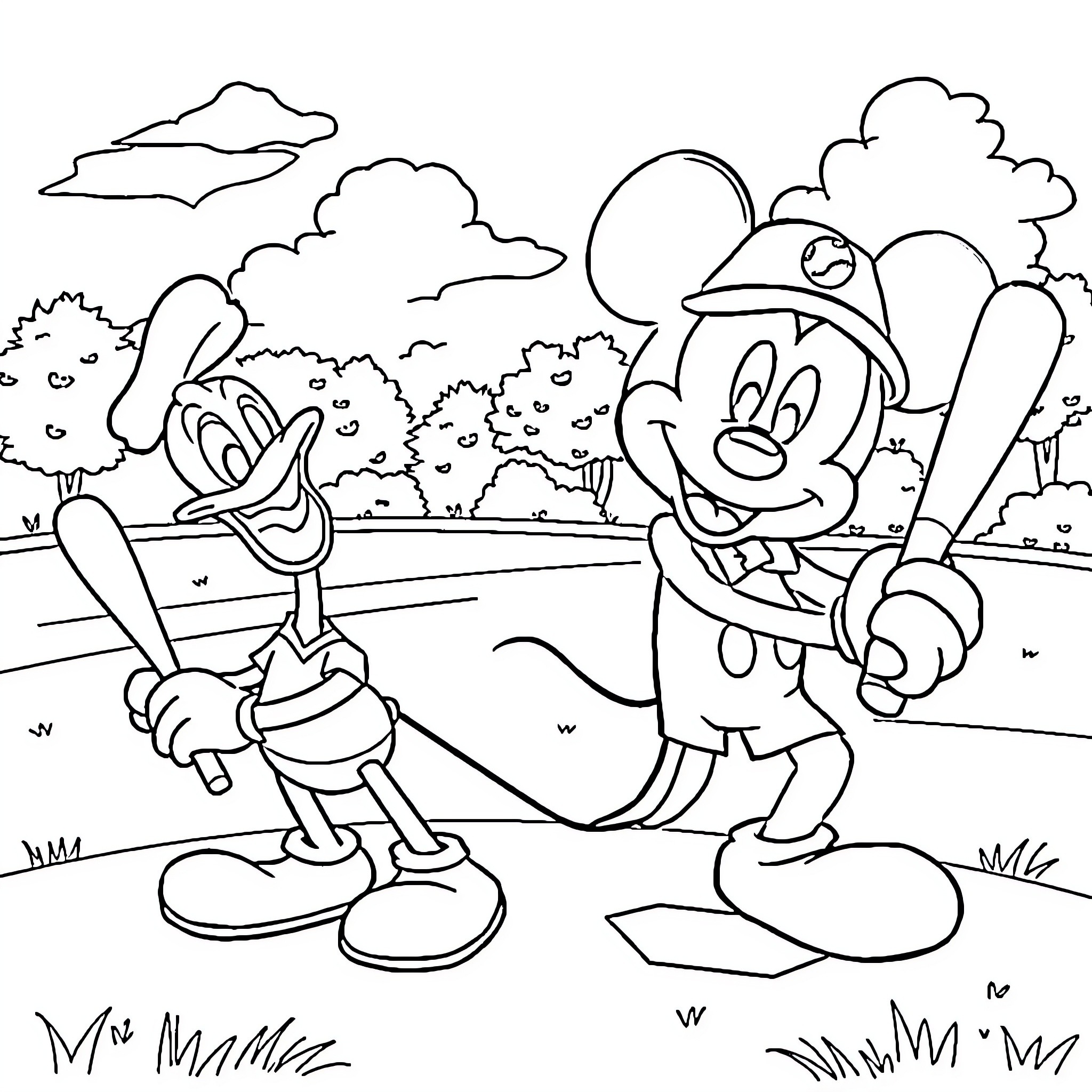 Disney Character Plays Baseball with Companion Coloring Page (free black-and-white line drawing printable PDF for all, from beginners to advanced learners, including children, teens, adults, and seniors)