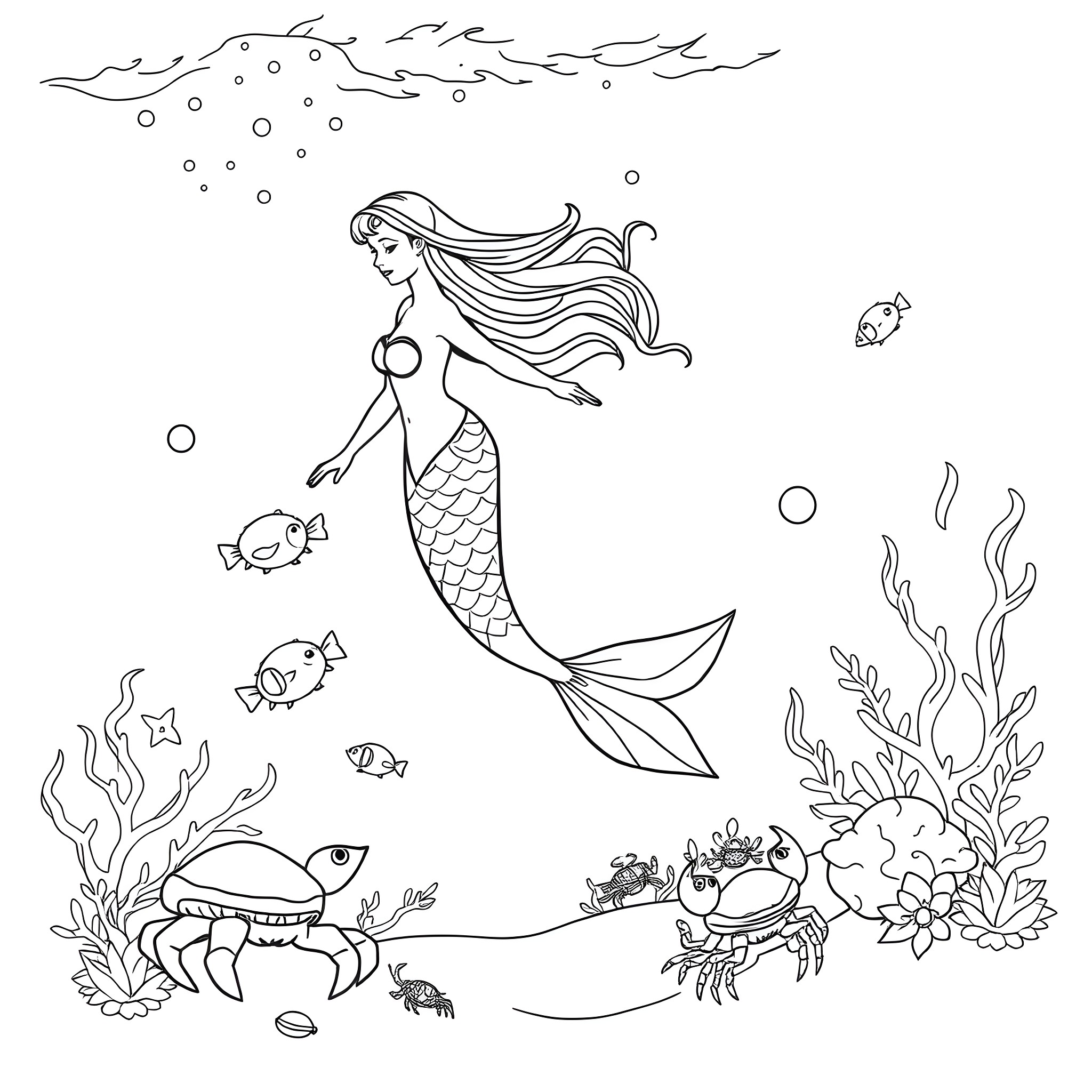 Mermaid swimming gracefully in the ocean Coloring Page (free black-and-white line drawing printable PDF for all, from beginners to advanced learners, including children, teens, adults, and seniors)