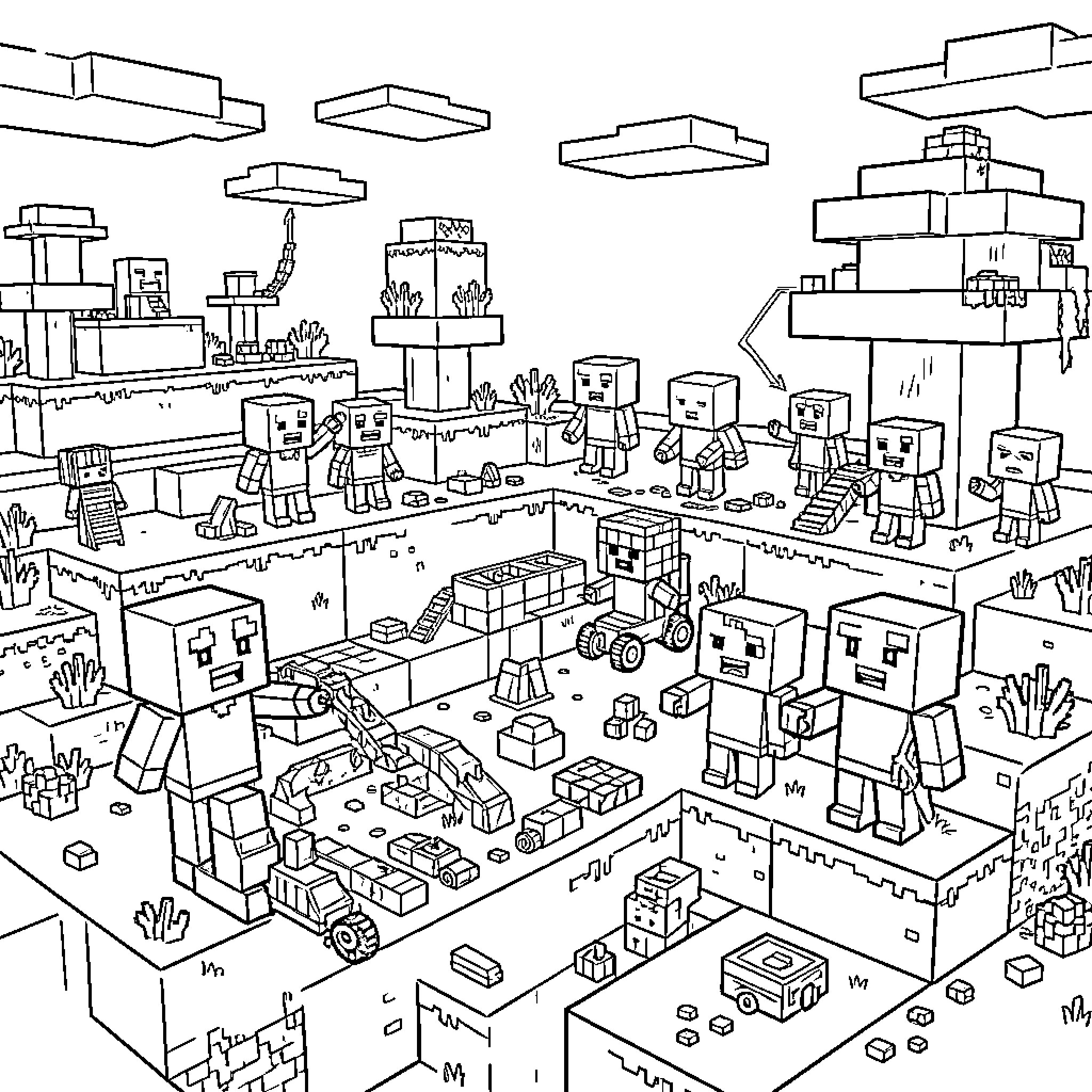 Mixels characters exploring a blocky desert landscape Coloring Page (free black-and-white line drawing printable PDF for all, from beginners to advanced learners, including children, teens, adults, and seniors)