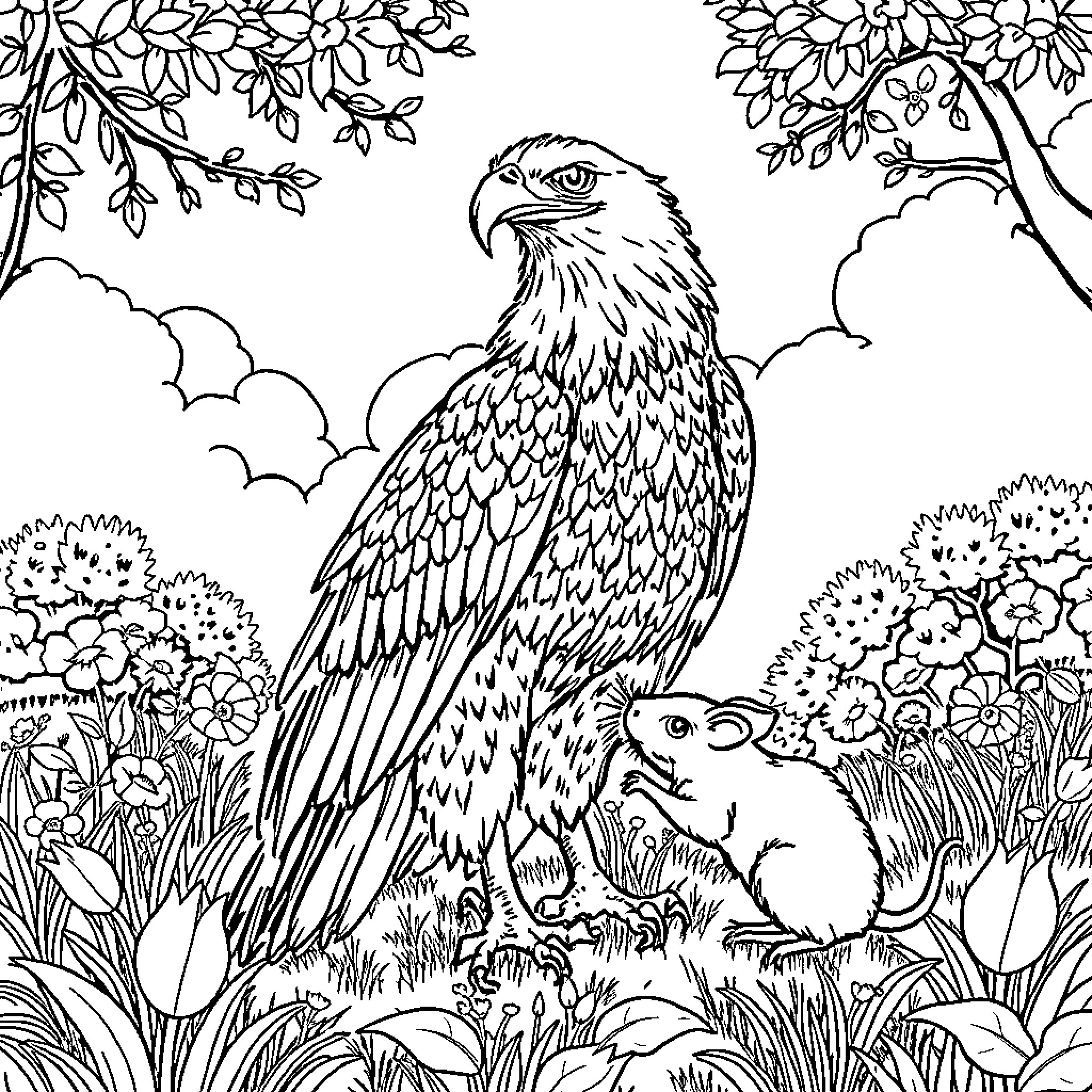 Eagle surveying its domain in the forest Coloring Page (free black-and-white line drawing printable PDF for all, from beginners to advanced learners, including children, teens, adults, and seniors)