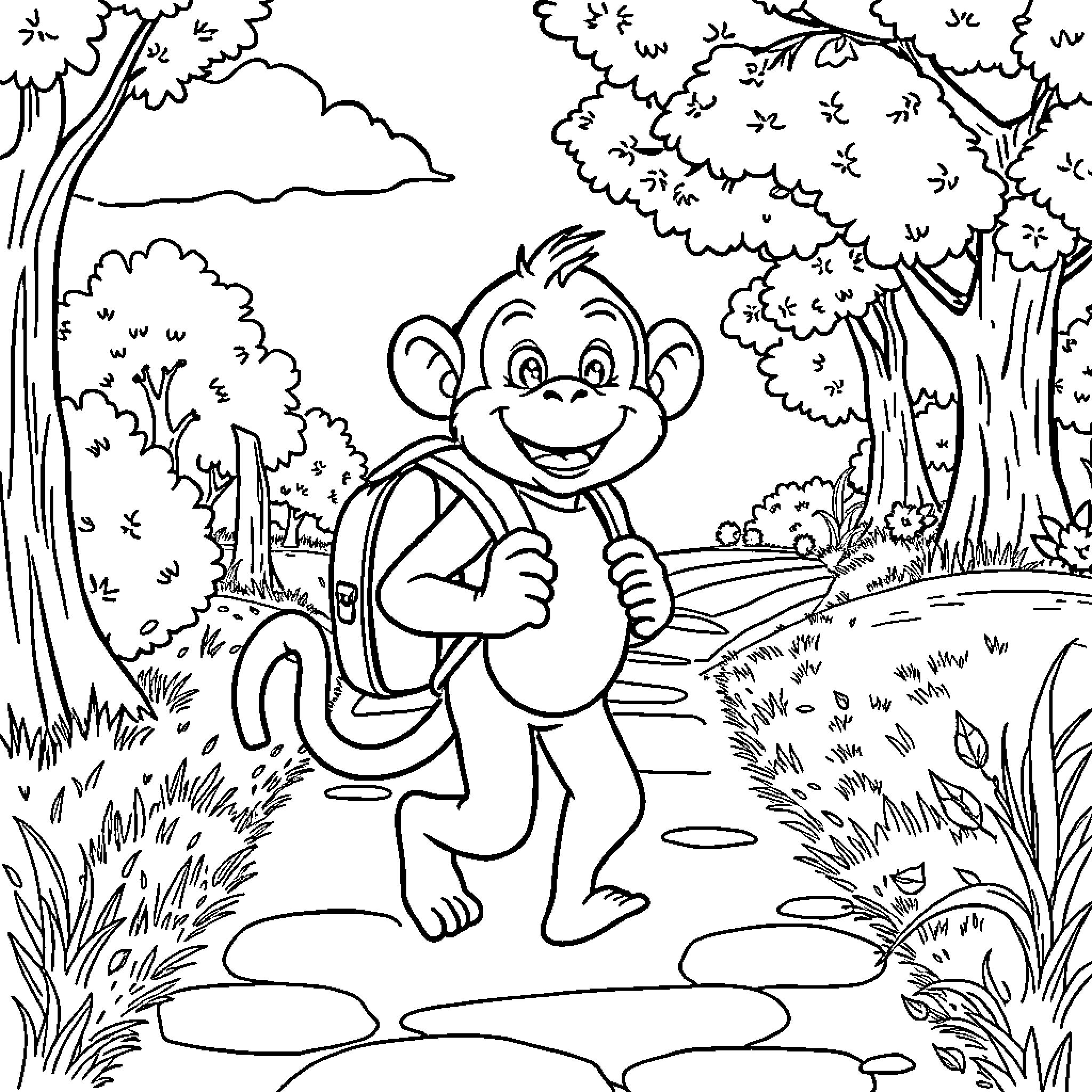 Monkey exploring the forest happily Coloring Page (free black-and-white line drawing printable PDF for all, from beginners to advanced learners, including children, teens, adults, and seniors)